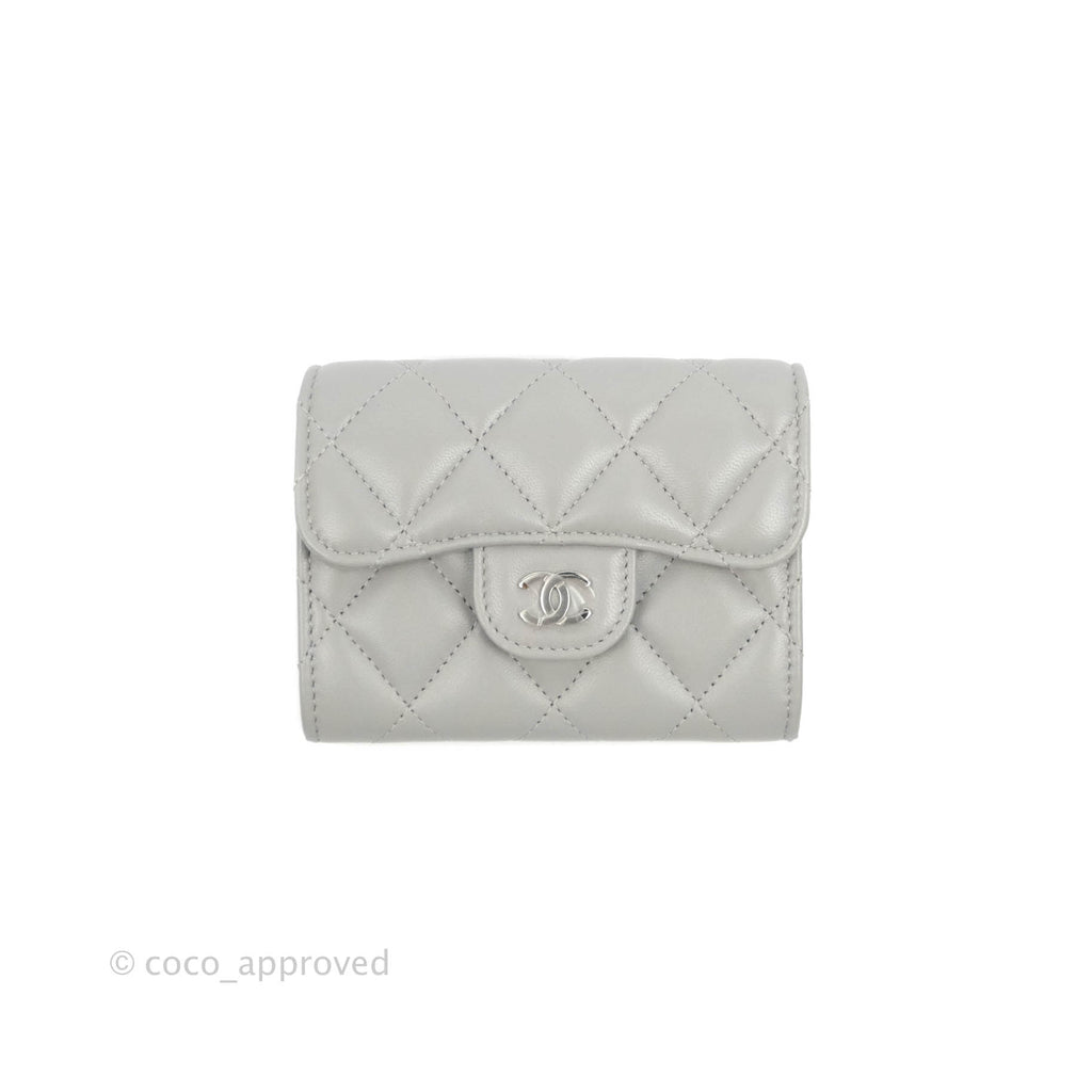 Chanel Quilted Small Flap Card Holder Grey Lambskin Silver Hardware