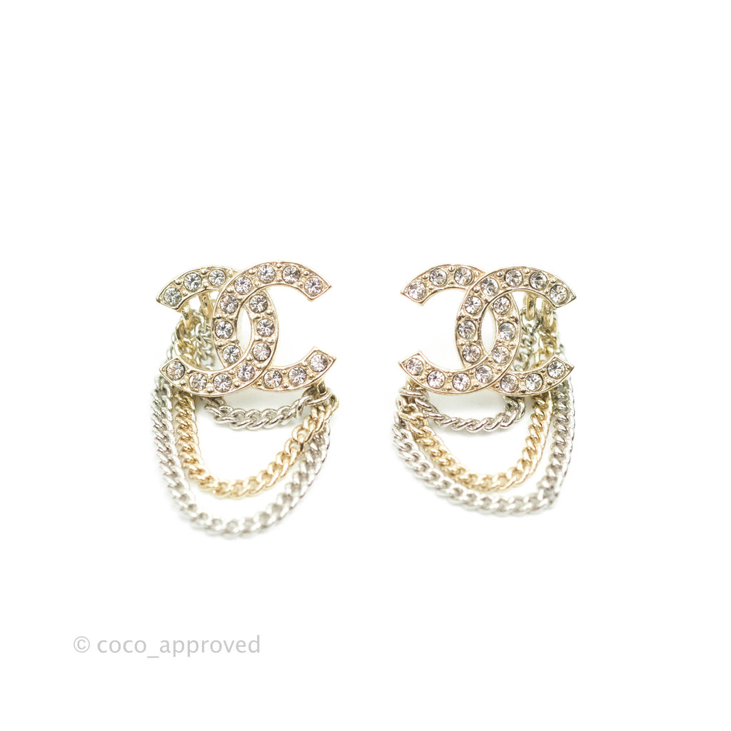 Chanel Crystal CC Logo Chain Pendant Earrings 21B