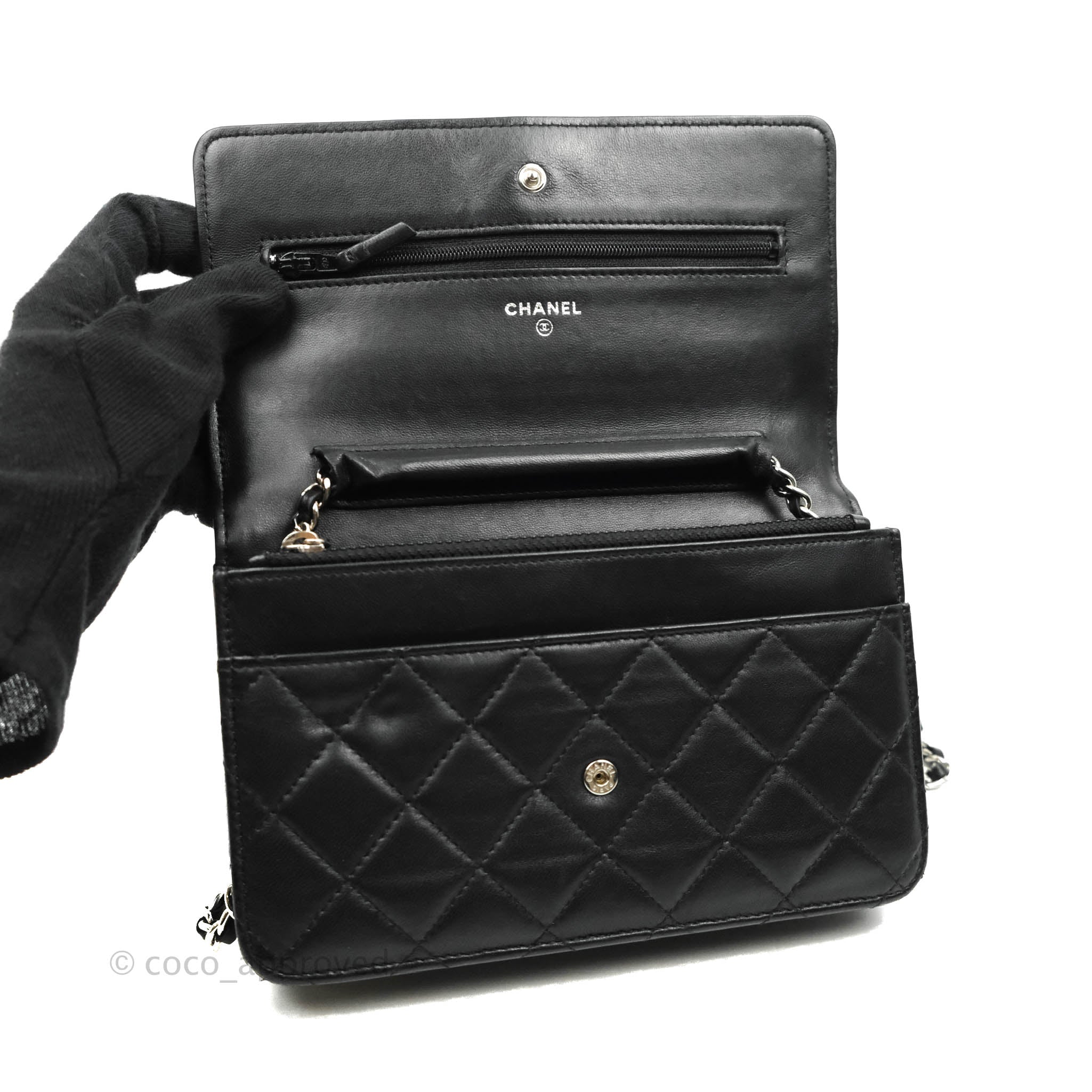 Chanel Black Quilted Patent Woc Wallet on Chain Silver Hardware, 2009-2010, Womens Handbag