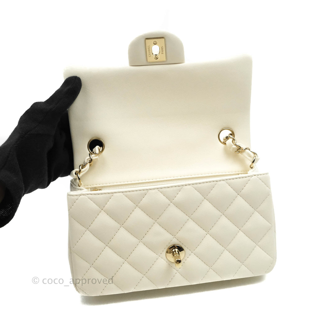 Chanel Quilted Mini Rectangular Flap White Lambskin Gold Hardware