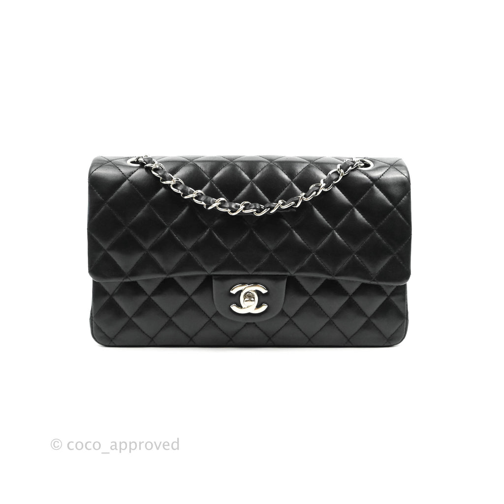 Chanel Classic M/L Medium Double Flap Black Lambskin Silver Hardware