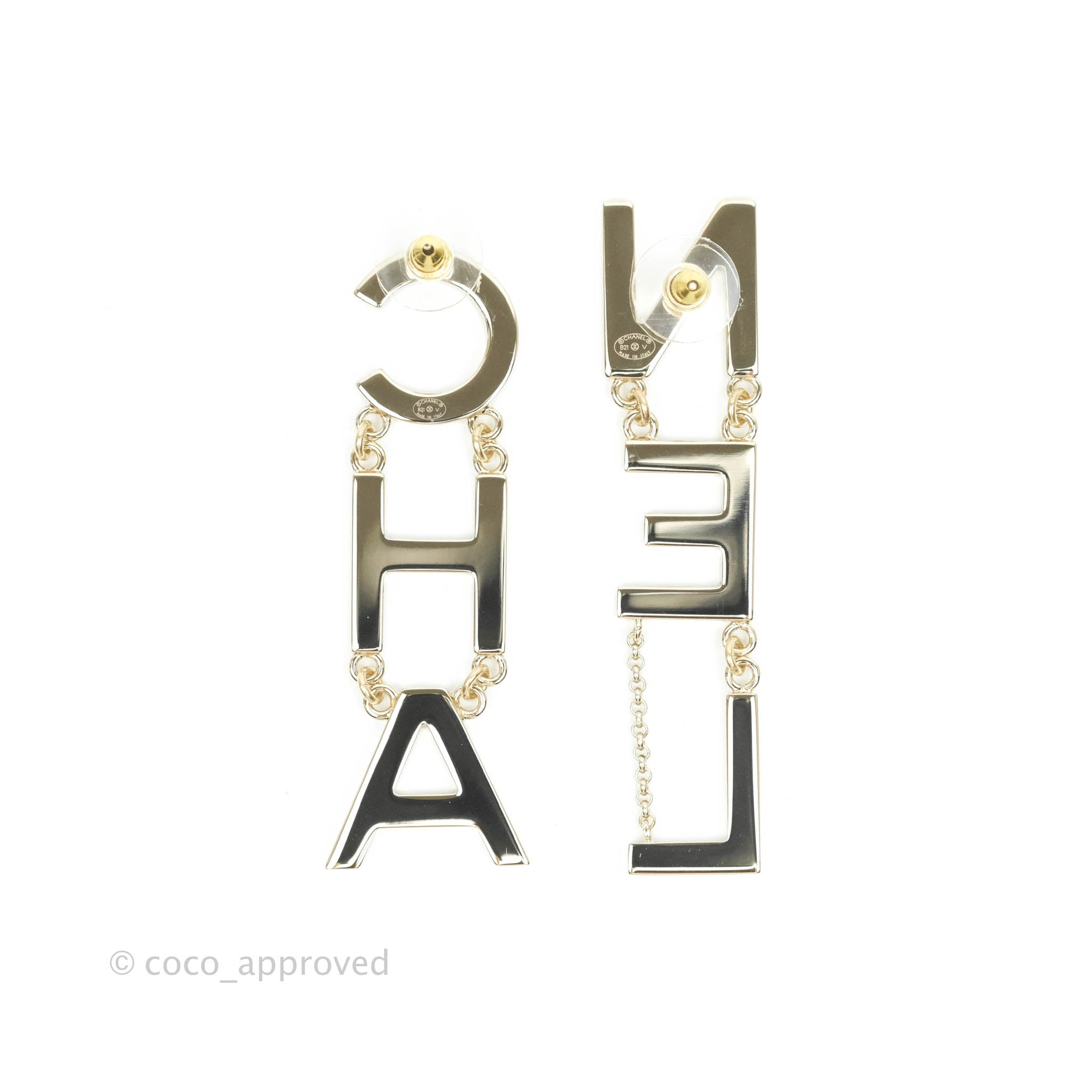 CHANEL Metal Enamel Cha-Nel Logo Drop Earrings Black White 1216619