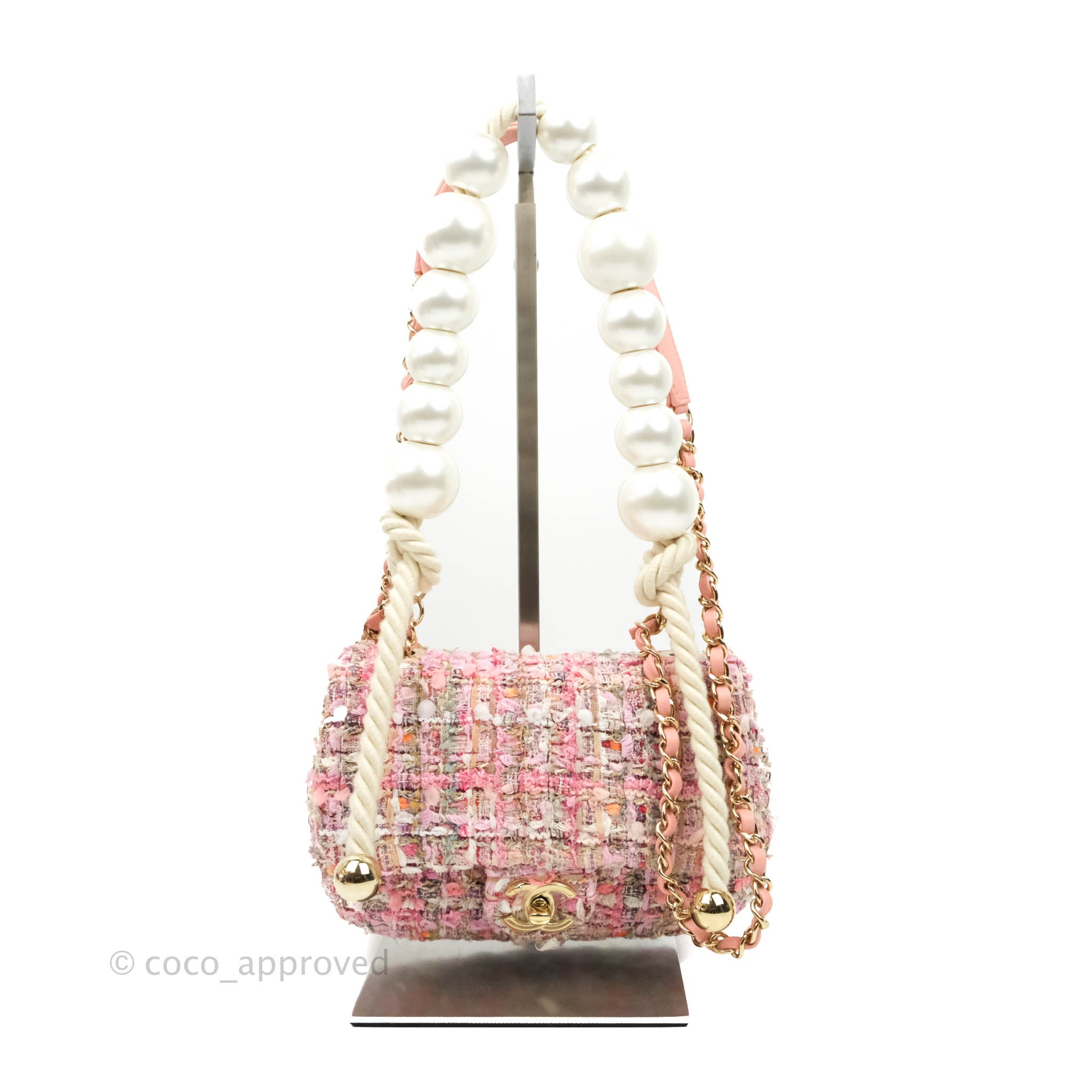 Chanel Sequin Tweed Pearl Strap Flap Bag