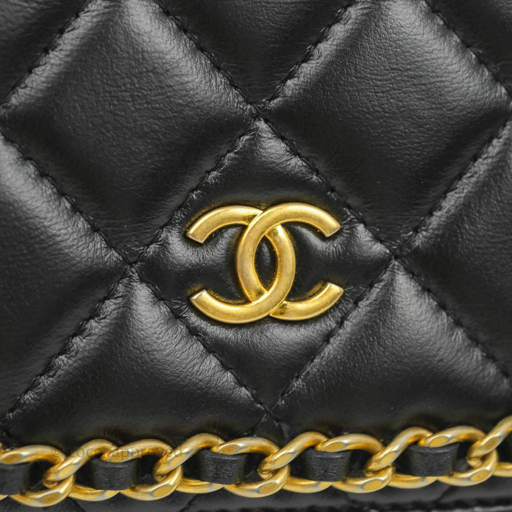 Chanel Quilted Wallet on Chain WOC Chain Around Black Lambskin Aged Gold Hardware