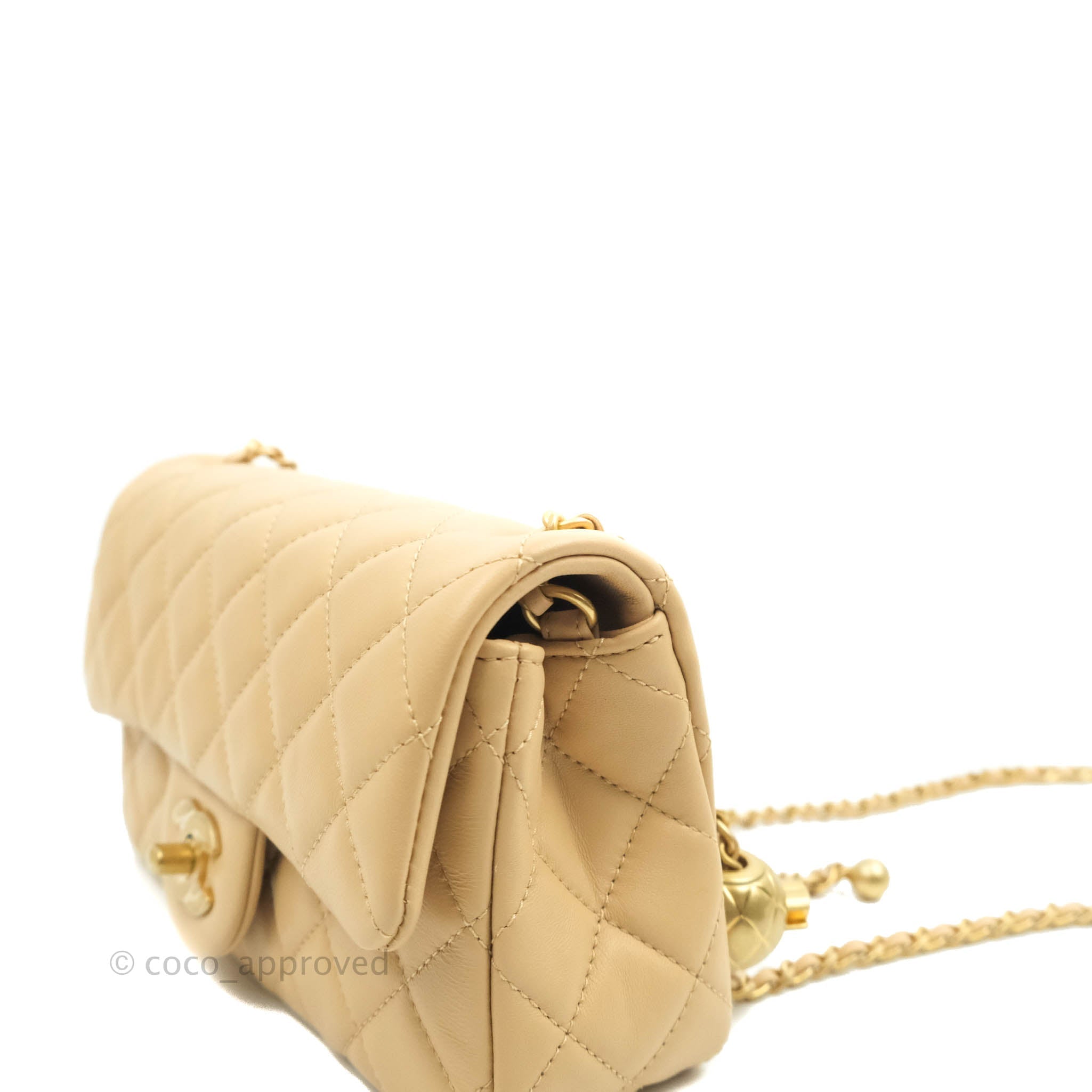 Chanel Mini Rectangular Pearl Crush Quilted Beige Lambskin Aged