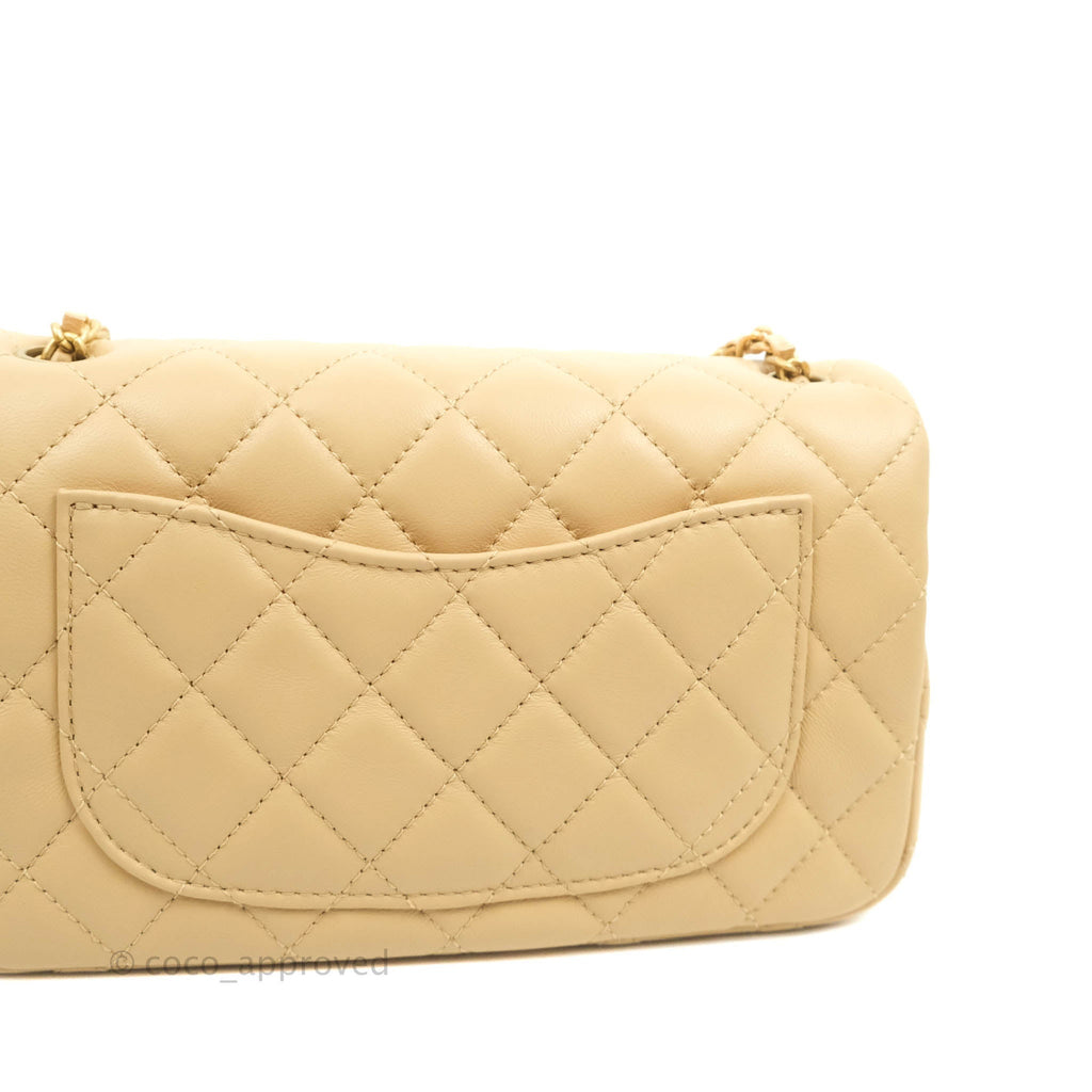 Chanel Mini Rectangular Pearl Crush Quilted Beige Lambskin Aged Gold Hardware