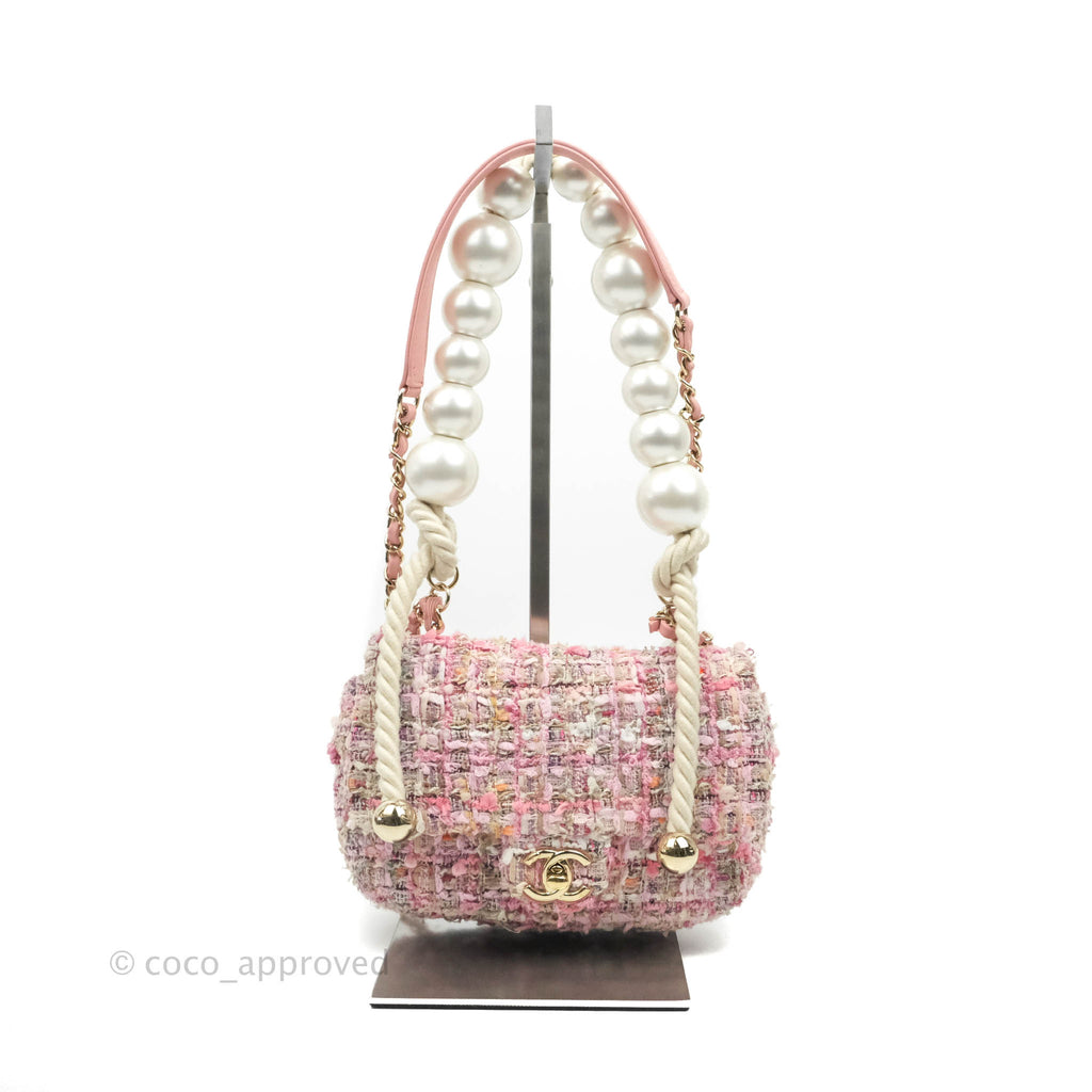 Chanel Small Pink Tweed Flap Bag With Large Pearl Handle Gold Hardware