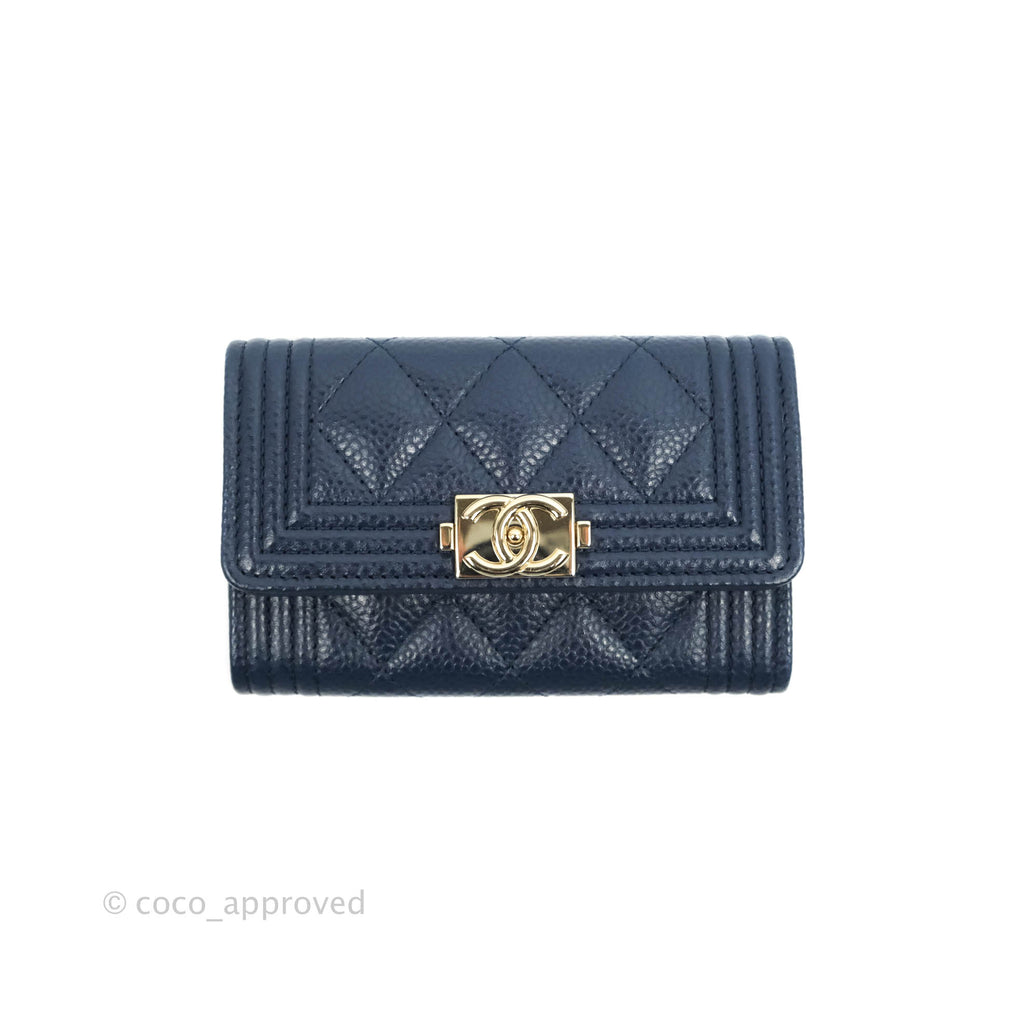 Chanel Quilted Boy Flap Card Holder Navy Caviar Gold Hardware