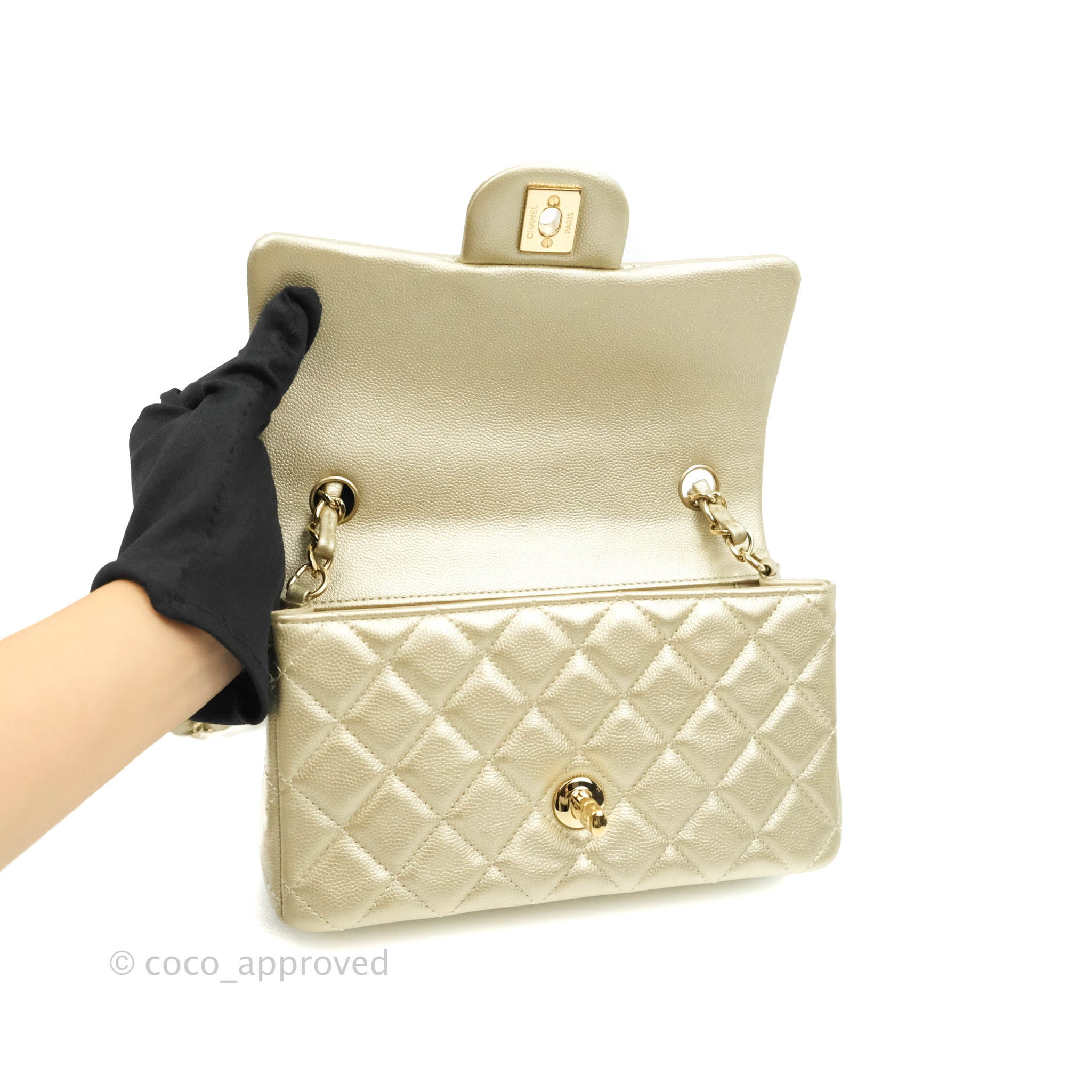 Chanel Quilted Mini Rectangular Flap Champagne Caviar Gold