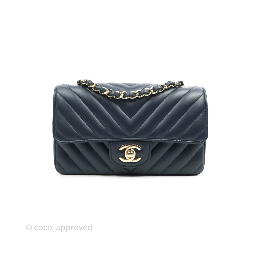 Chanel Chevron Mini Rectangular Flap Navy Lambskin Gold Hardware