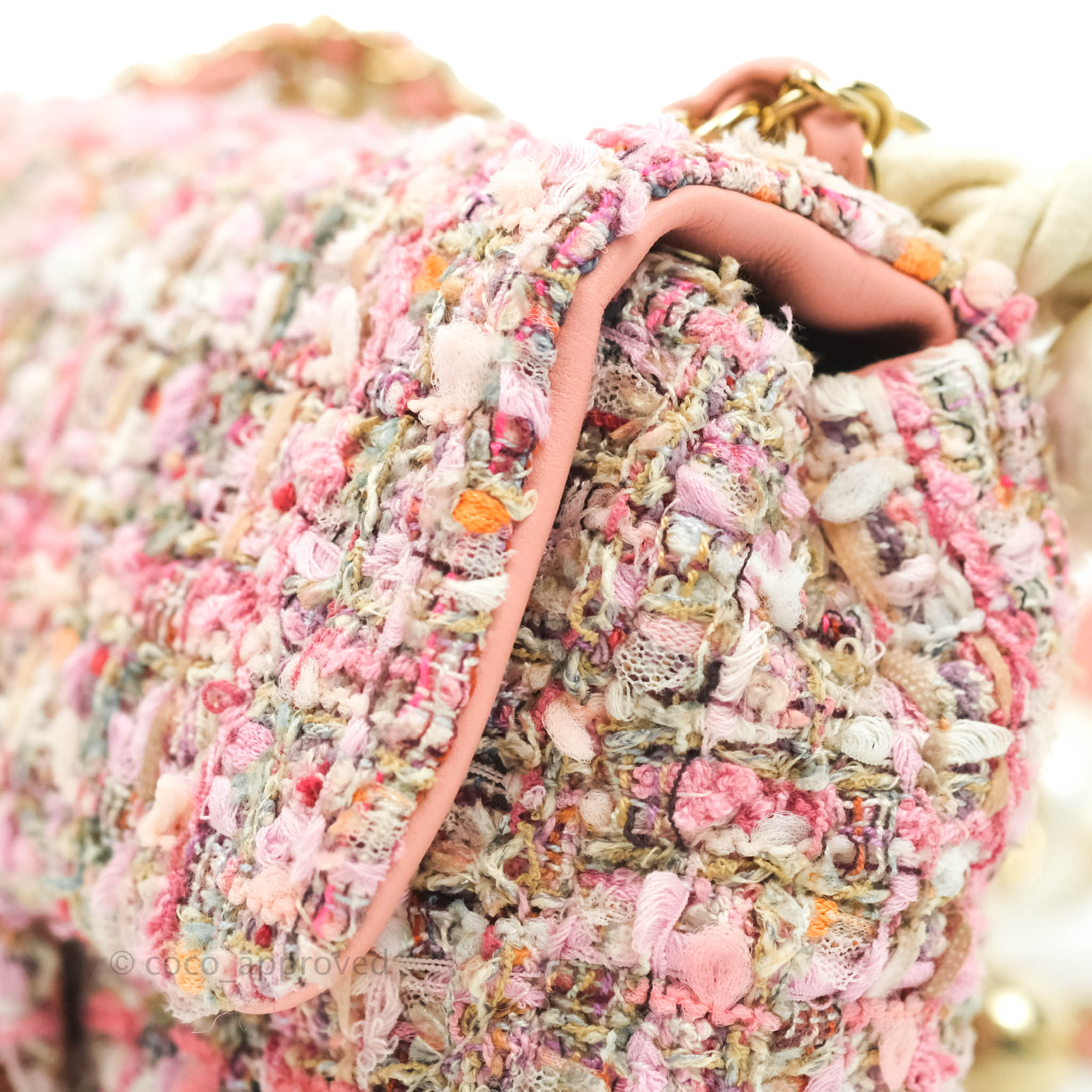 Chanel Pink Tweed Flap Bag With Pearl Detail GHW