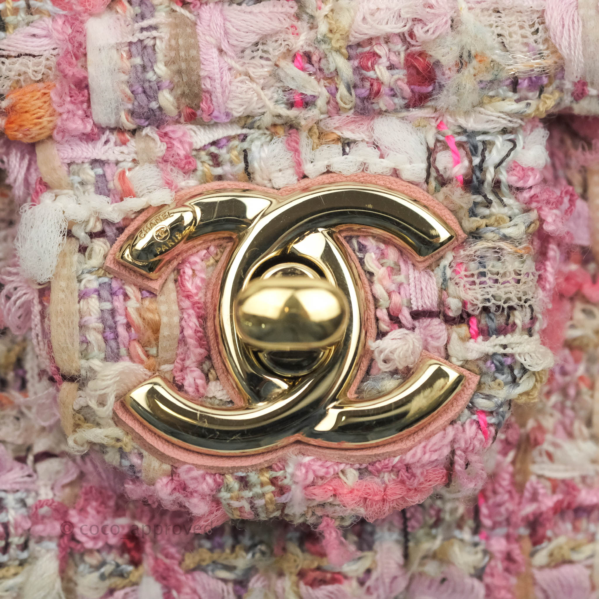 Chanel Small Pink Tweed Flap Bag With Large Pearl Handle Gold