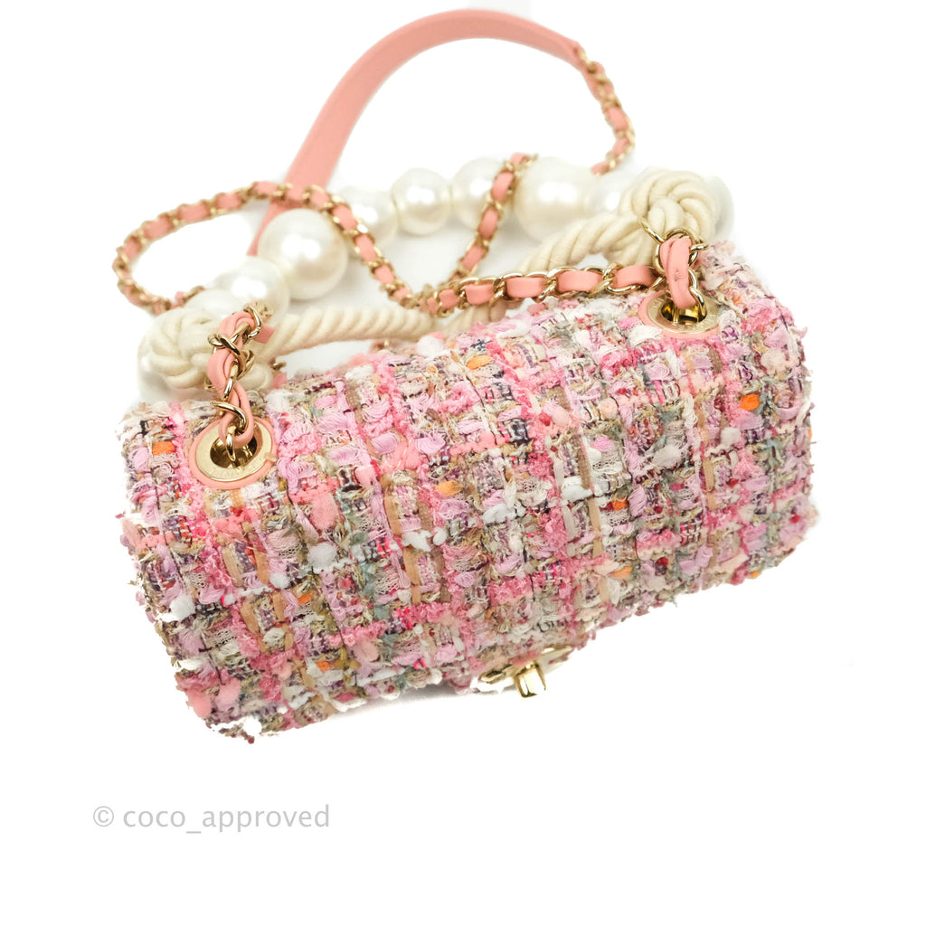 Chanel Small Pink Tweed Flap Bag With Large Pearl Handle Gold Hardware