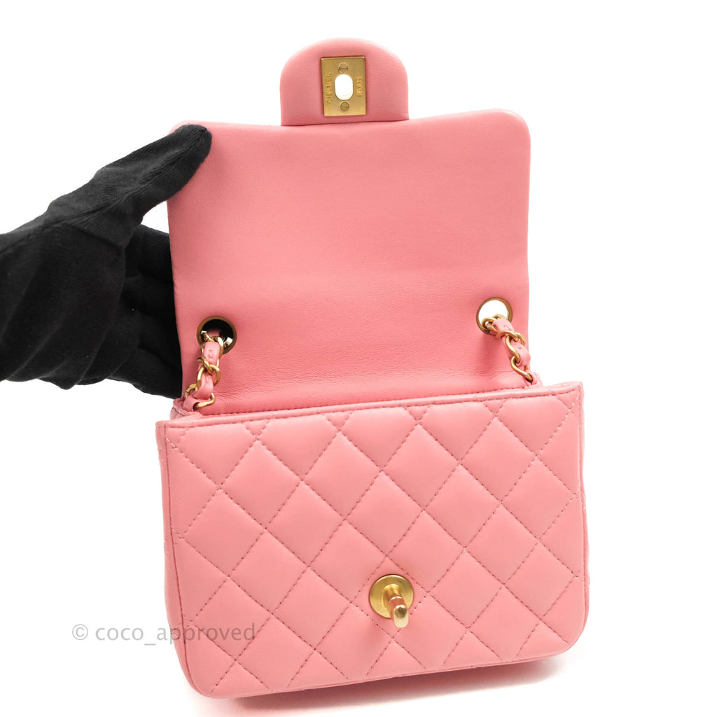 Chanel Quilted Mini Square Pink Lambskin Aged Gold Hardware