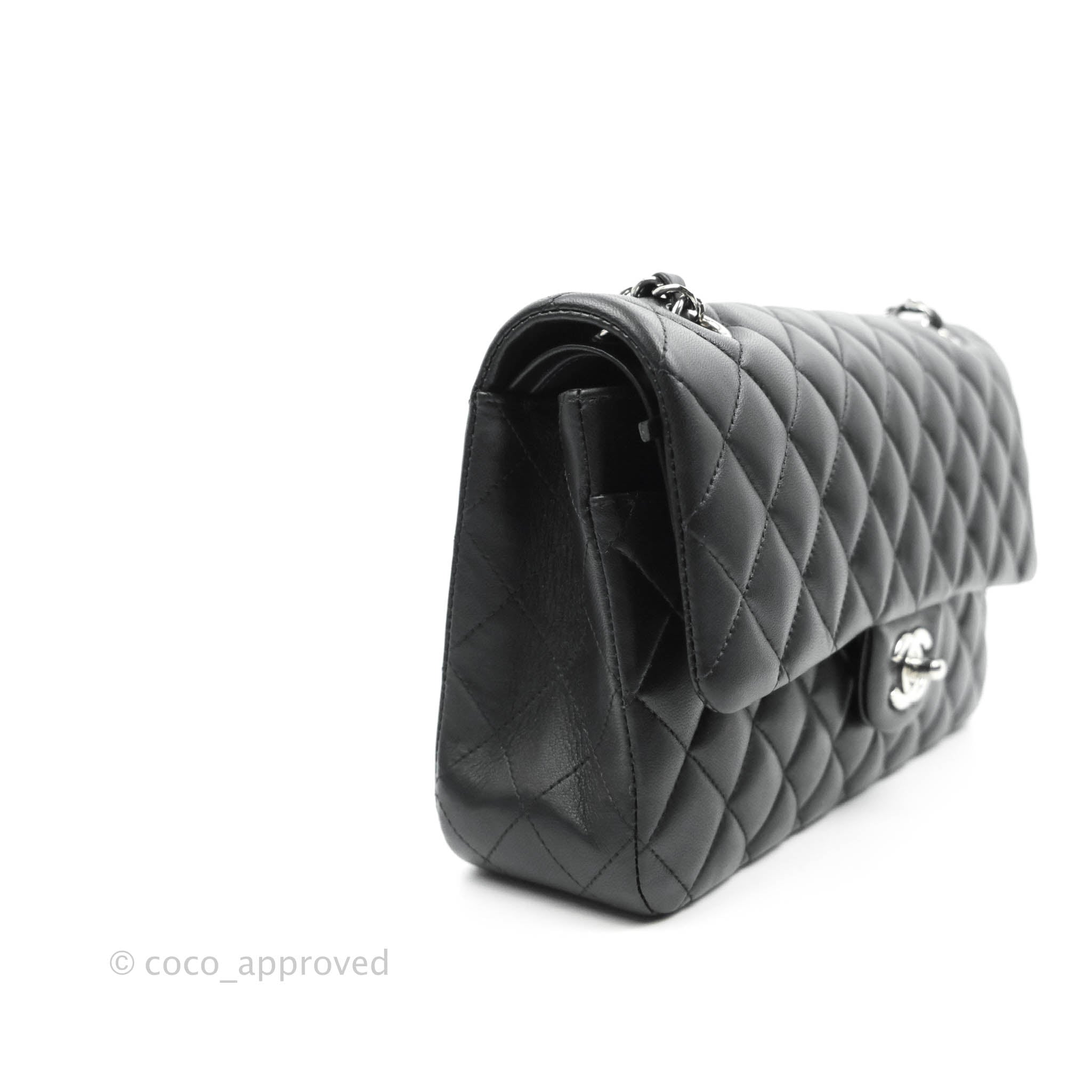 Chanel V-Stitch Double Flap Medium Chain Shoulder Bag Black Lamb L01