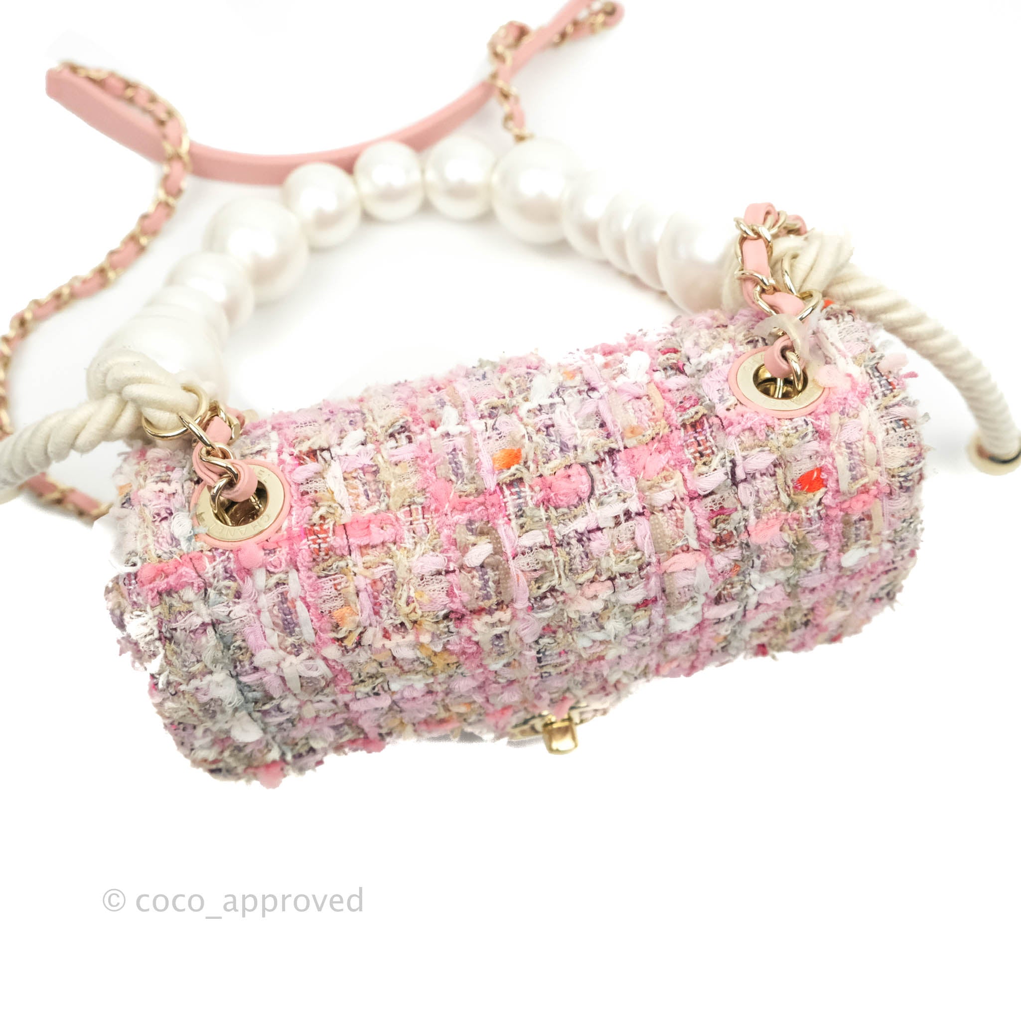 CHANEL Tweed Mini Pearl Handle Flap Pink Beige Orange Ecru 382968