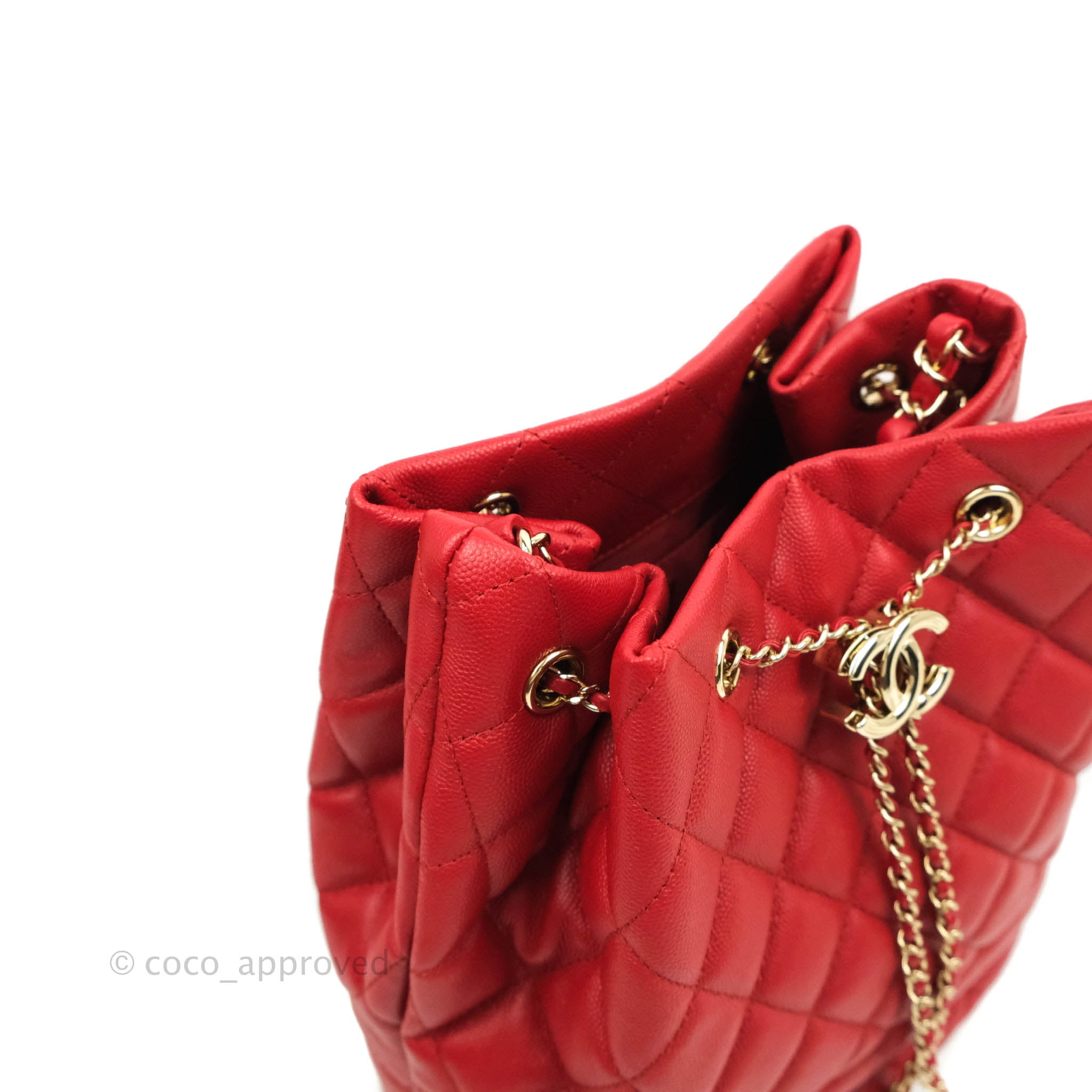 Chanel Medium Quilted Rolled Up Bucket Drawstring Bag Red Caviar Gold –  Coco Approved Studio