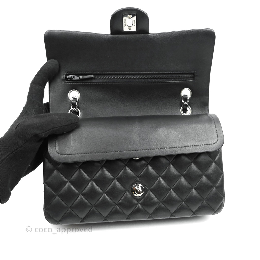 Chanel Classic M/L Medium Double Flap Black Lambskin Silver Hardware