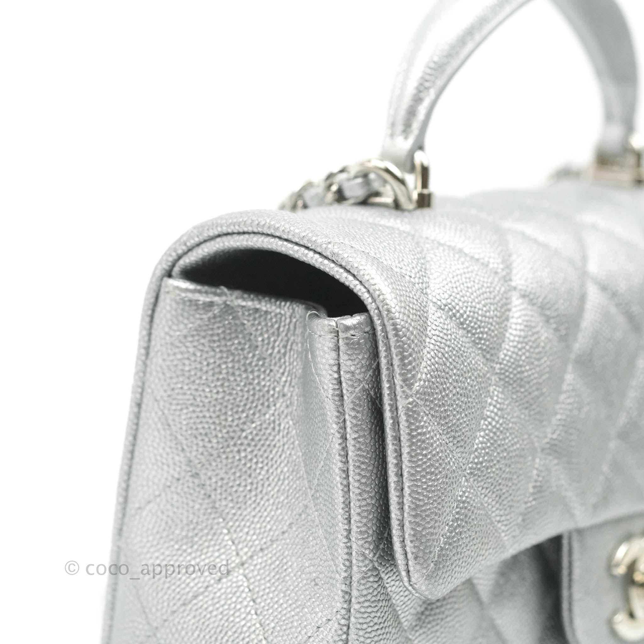 Chanel Top Handle Mini Rectangular Flap Bag Silver Caviar Silver Hardw –  Coco Approved Studio