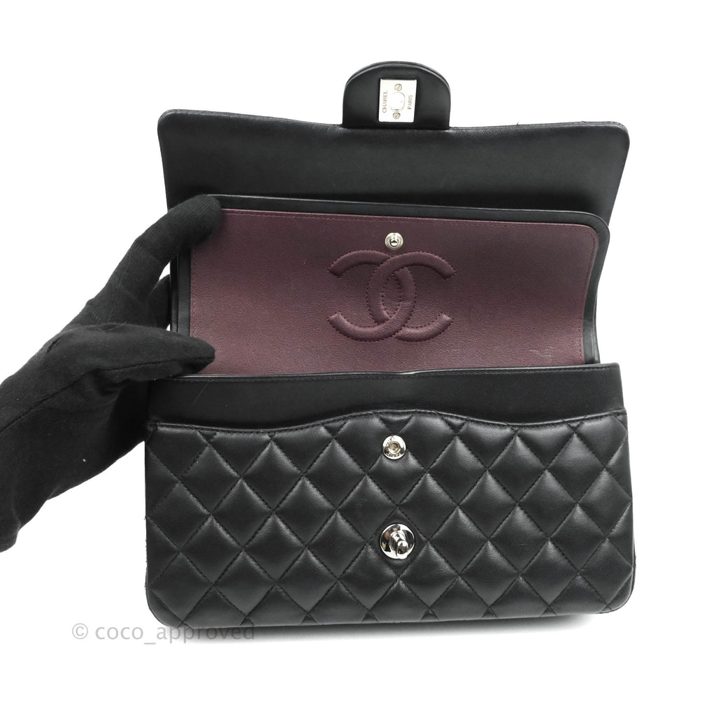 Chanel Classic M/L Medium Double Flap Black Lambskin Silver Hardware