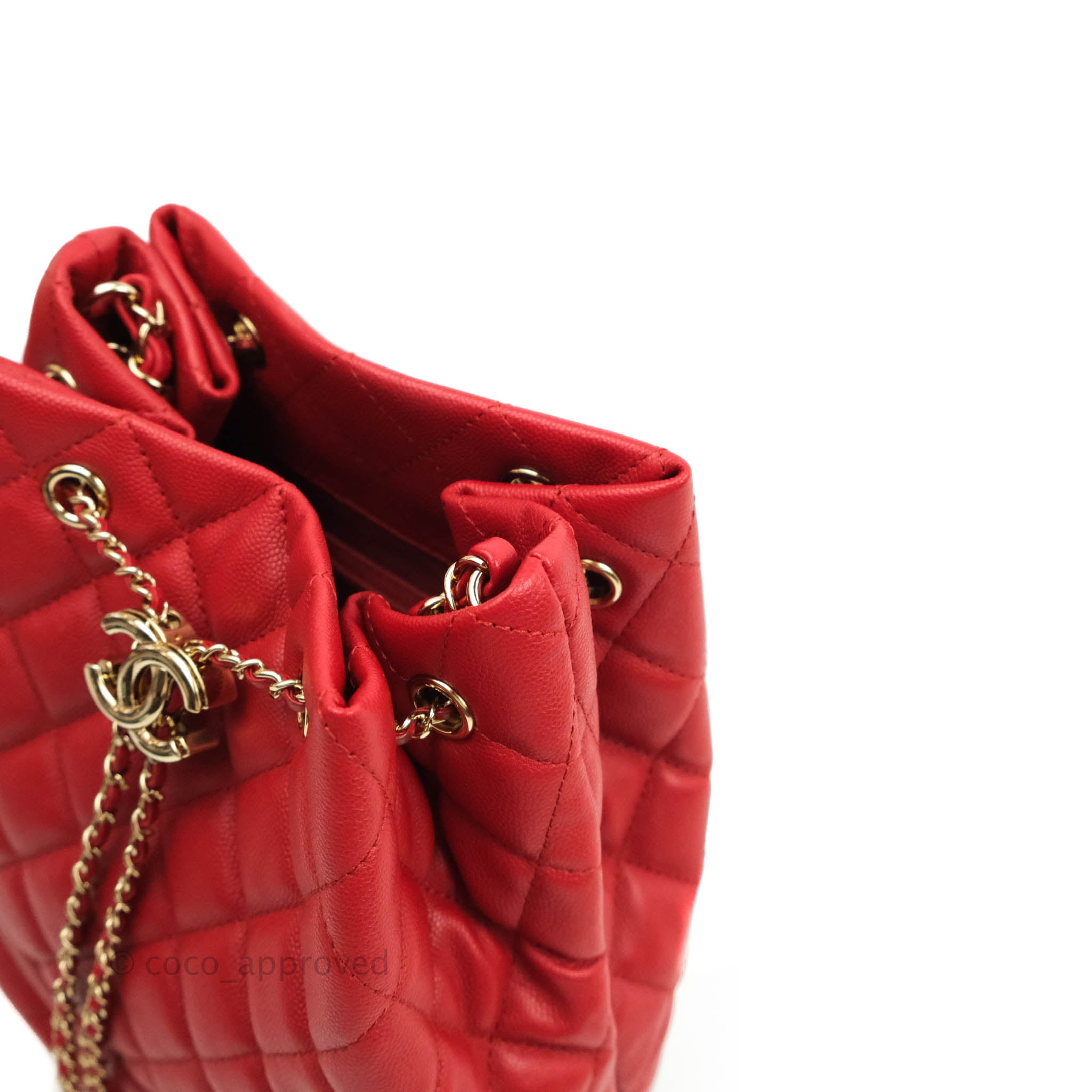 Chanel Medium Quilted Rolled Up Bucket Drawstring Bag Red Caviar