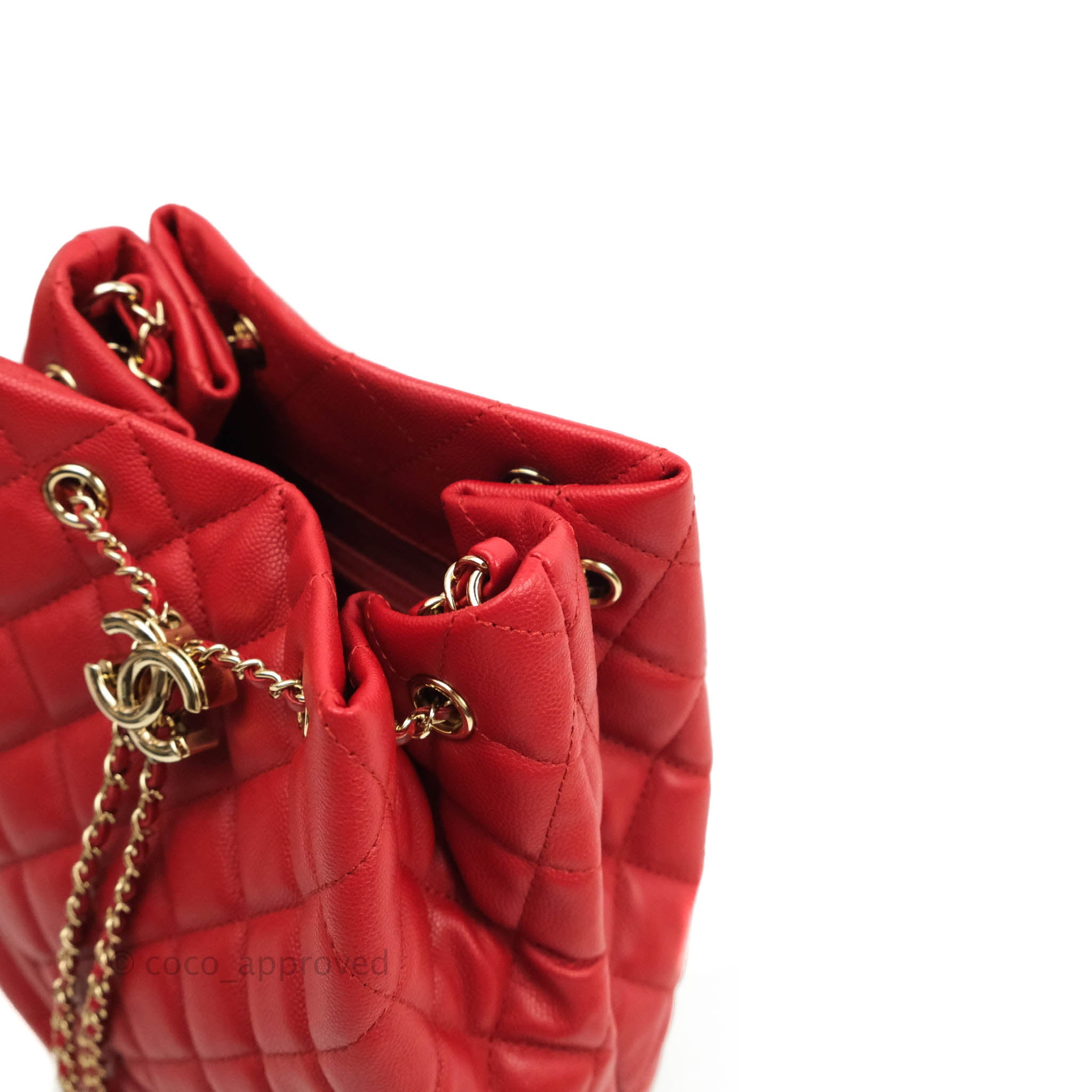 Chanel Medium Quilted Rolled Up Bucket Drawstring Bag Red Caviar Gold  Hardware