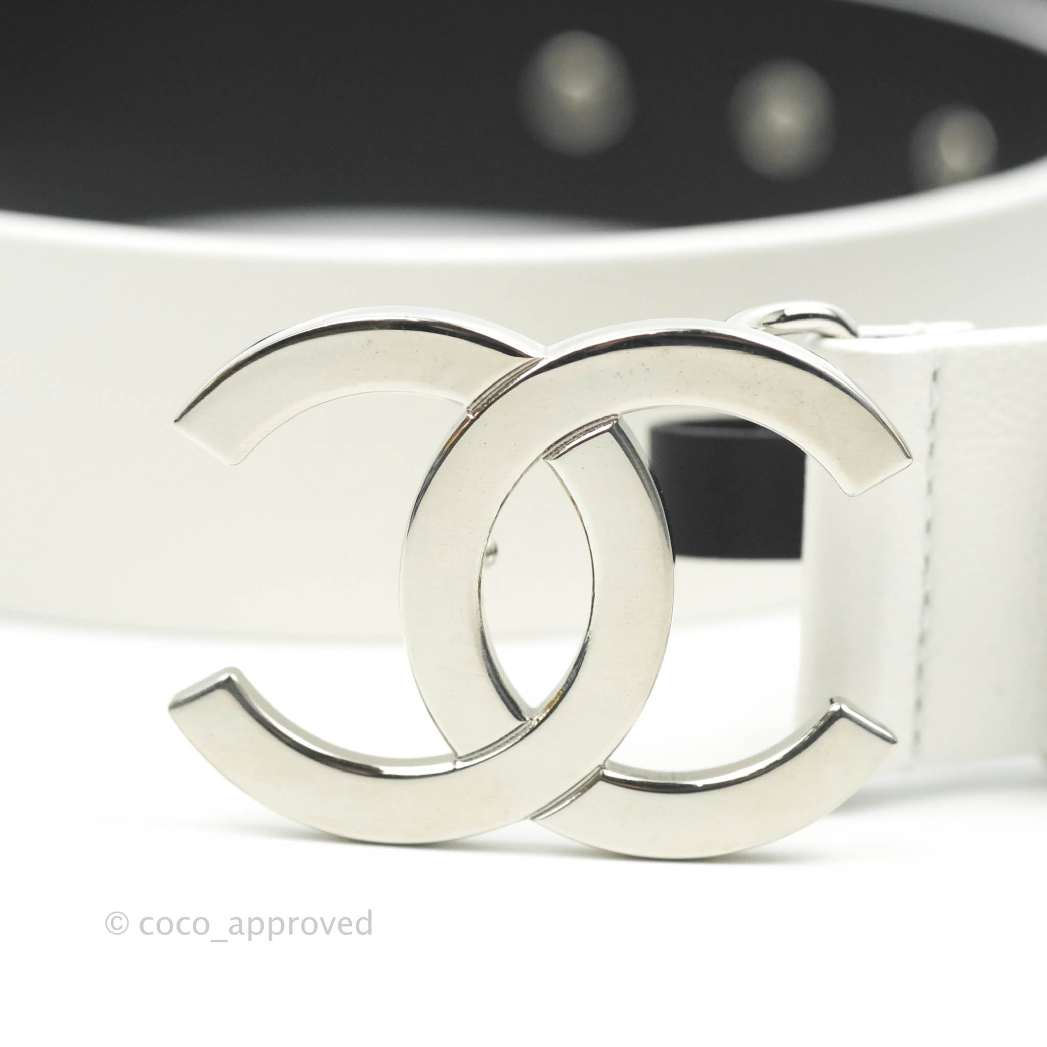 CHANEL ホワイト ラバーベルト Chanel CC Leather Belt White Caviar Silver Hardware 20P Size 80