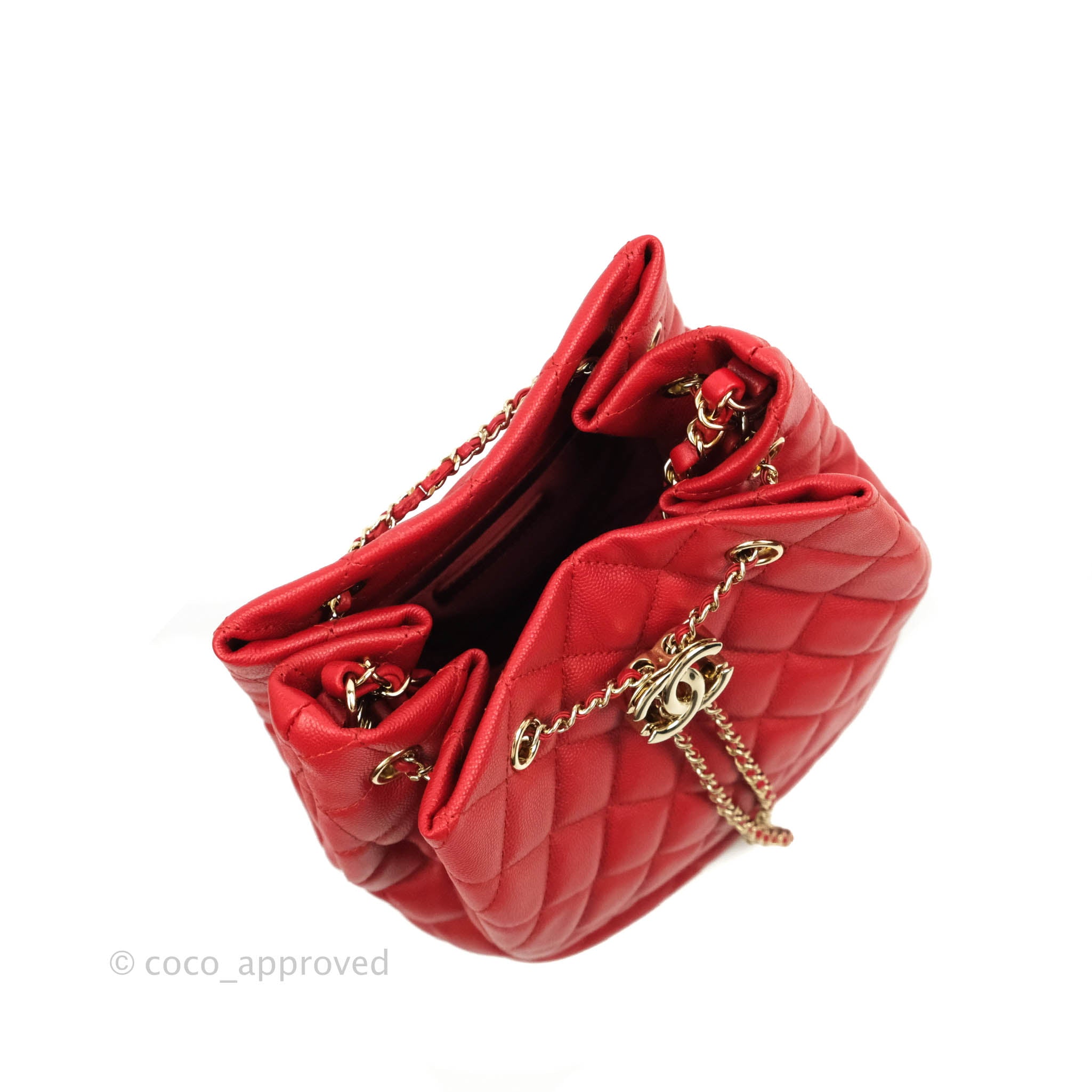 Chanel Medium Quilted Rolled Up Bucket Drawstring Bag Red Caviar