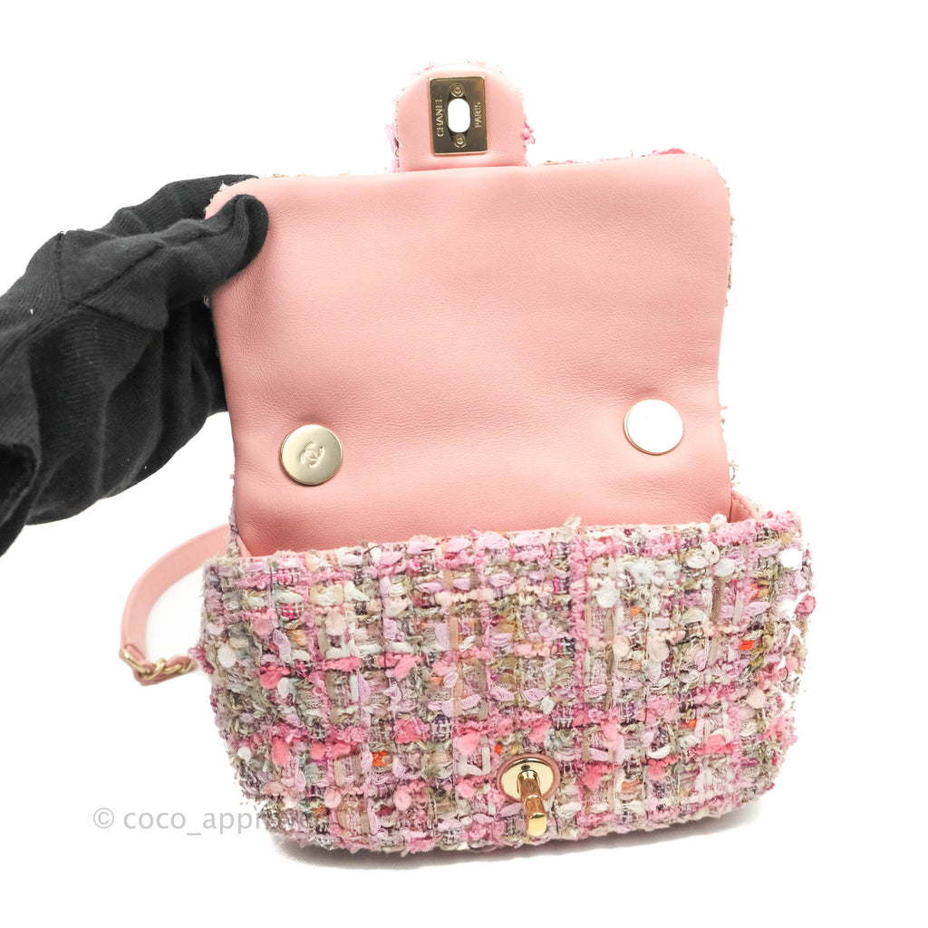 Chanel Small Pink Tweed Flap Bag With Large Pearl Handle Gold Hardware