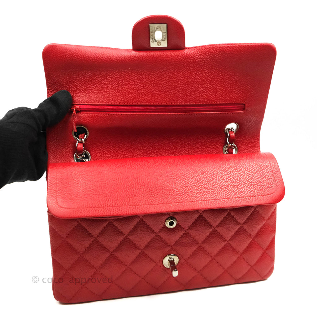 Chanel Classic M/L Medium Double Flap Red Caviar Silver Hardware
