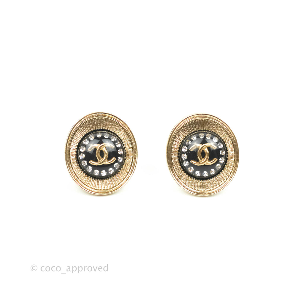 Chanel CC Crystal Black Gold Tone Earrings 21B