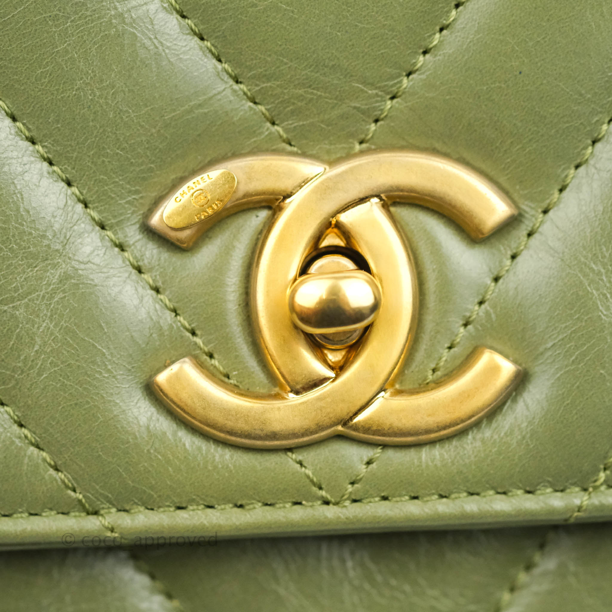 Chanel Medium (Small) Chevron Coco Handle Flap Olive Crumpled Calfskin –  Coco Approved Studio