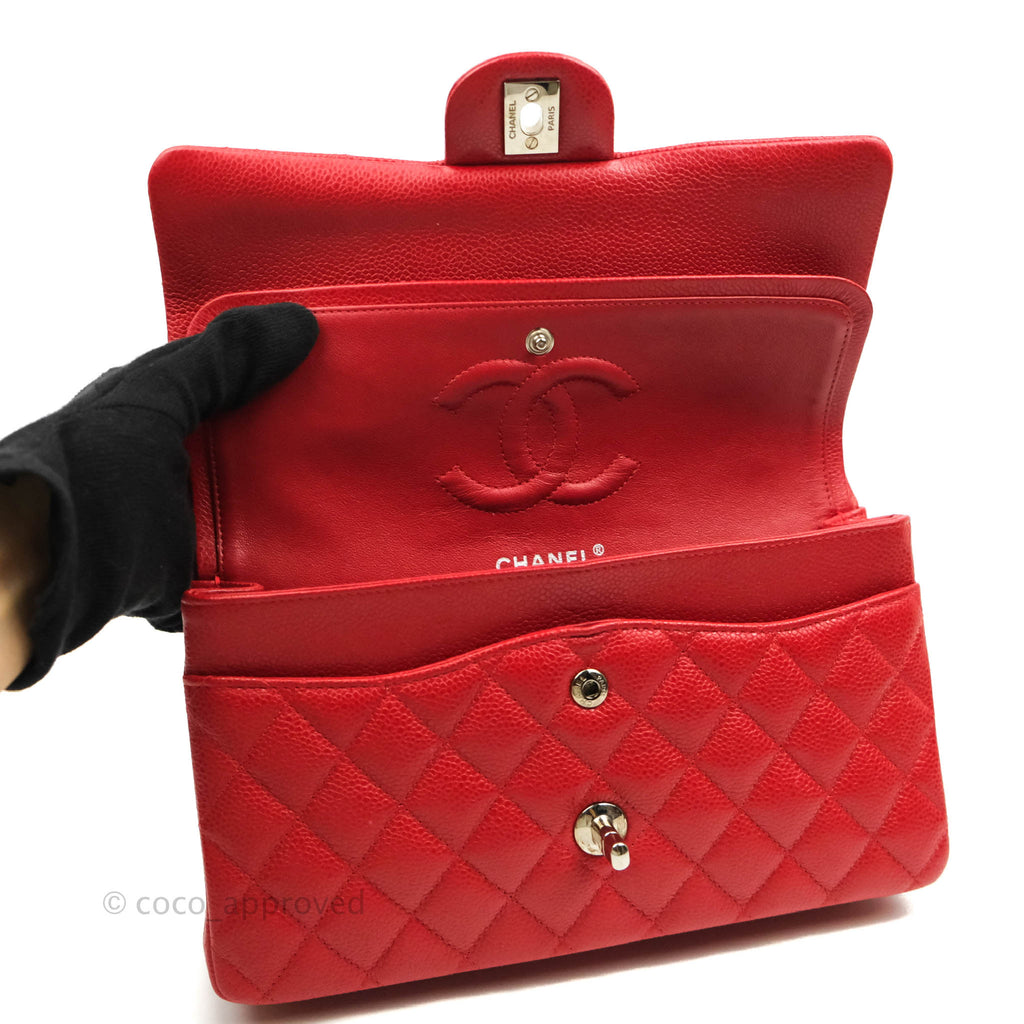 Chanel Classic M/L Medium Double Flap Red Caviar Silver Hardware