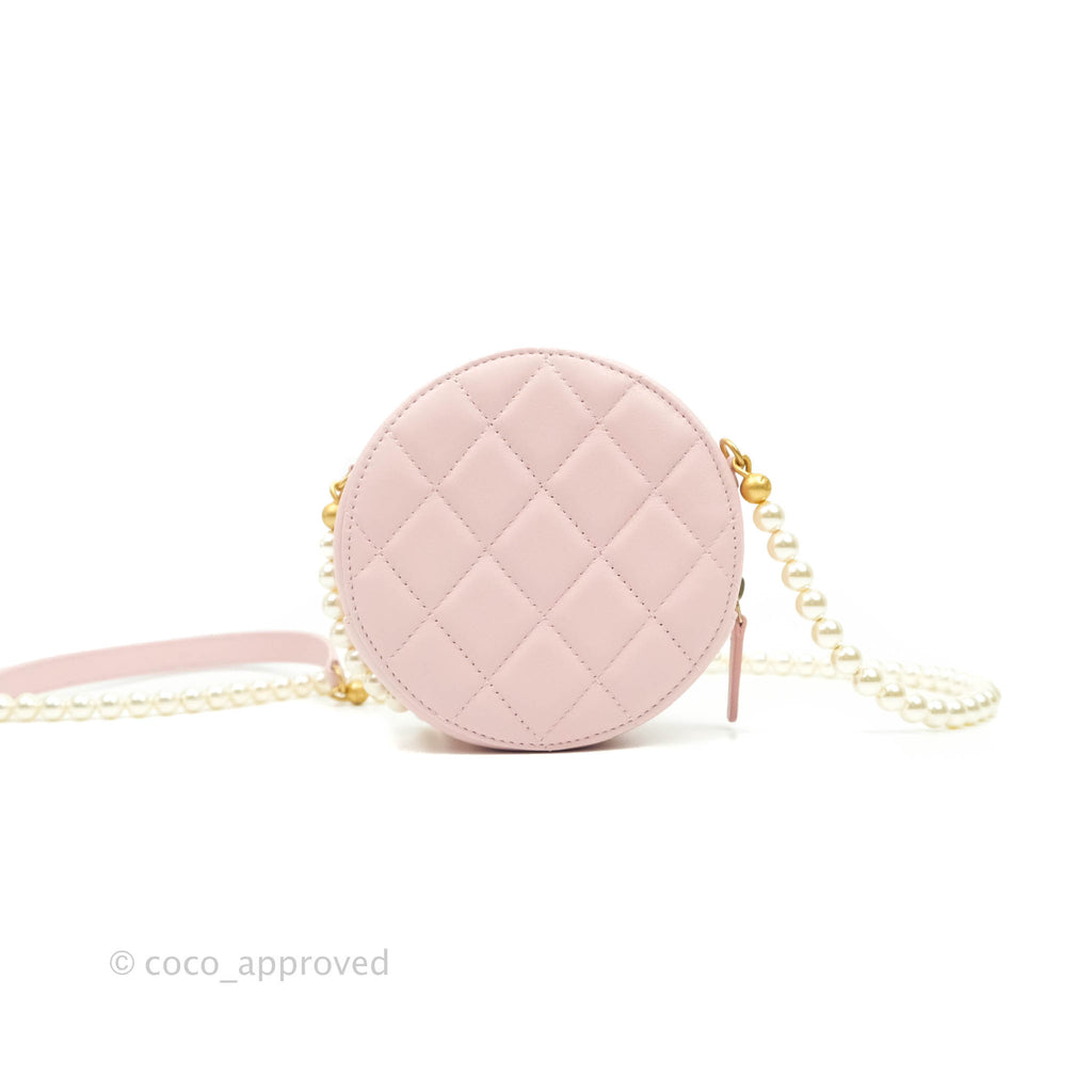 Chanel Quilted Round Clutch with Pearl Chain Light Pink Lambskin Aged Gold Hardware 21S