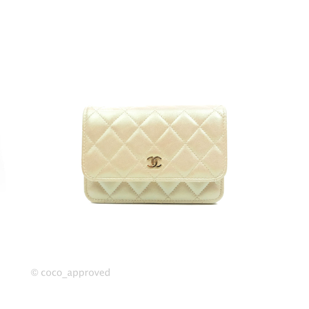Chanel Quilted Mini Wallet on Chain WOC Iridescent Ivory Gold Hardware 20A