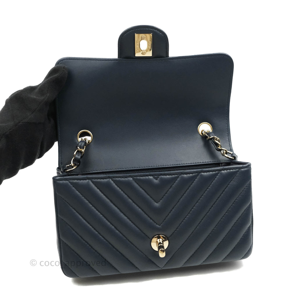 Chanel Chevron Mini Rectangular Flap Navy Lambskin Gold Hardware