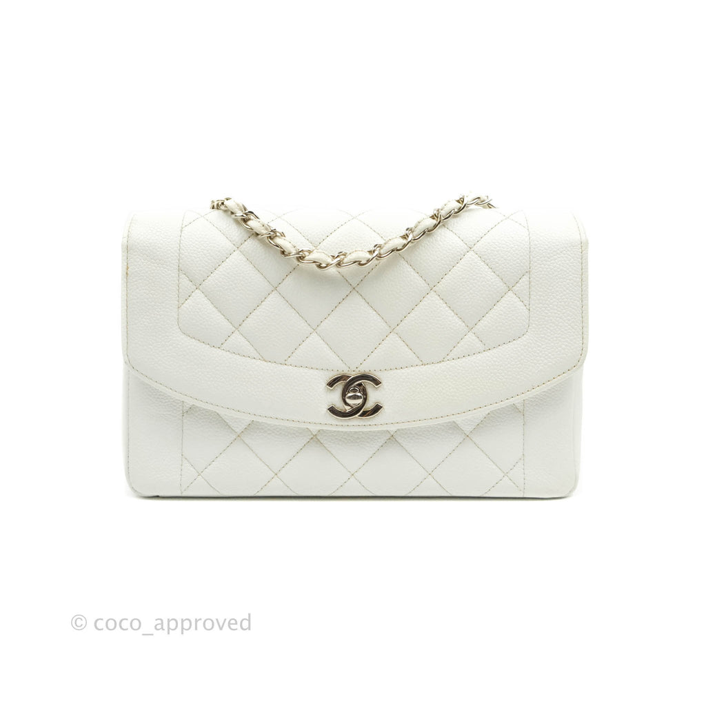 Chanel Vintage Medium Classic Quilted Diana Flap Bag White Caviar Silv –  Coco Approved Studio