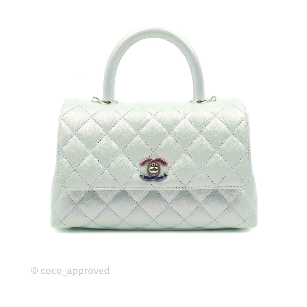 Chanel Mini (Small) Quilted Coco Handle Iridescent Light Blue Caviar Rainbow Hardware