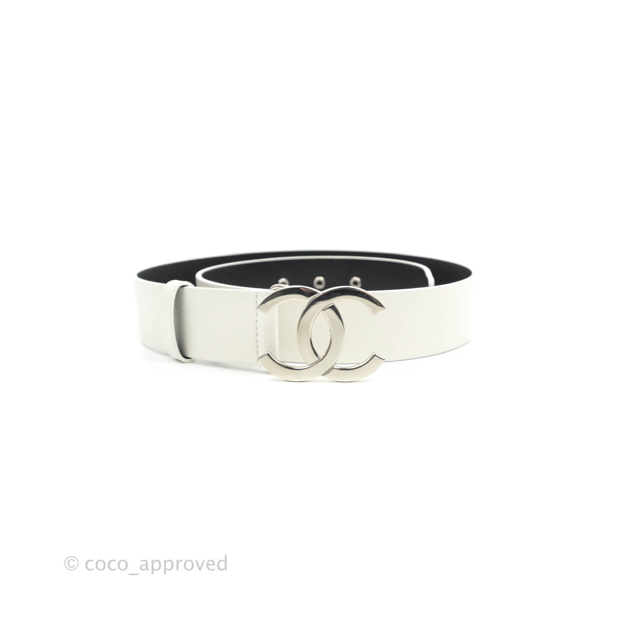 Auth Chanel Silver Metal Embossed Big CC Logo Black Patent