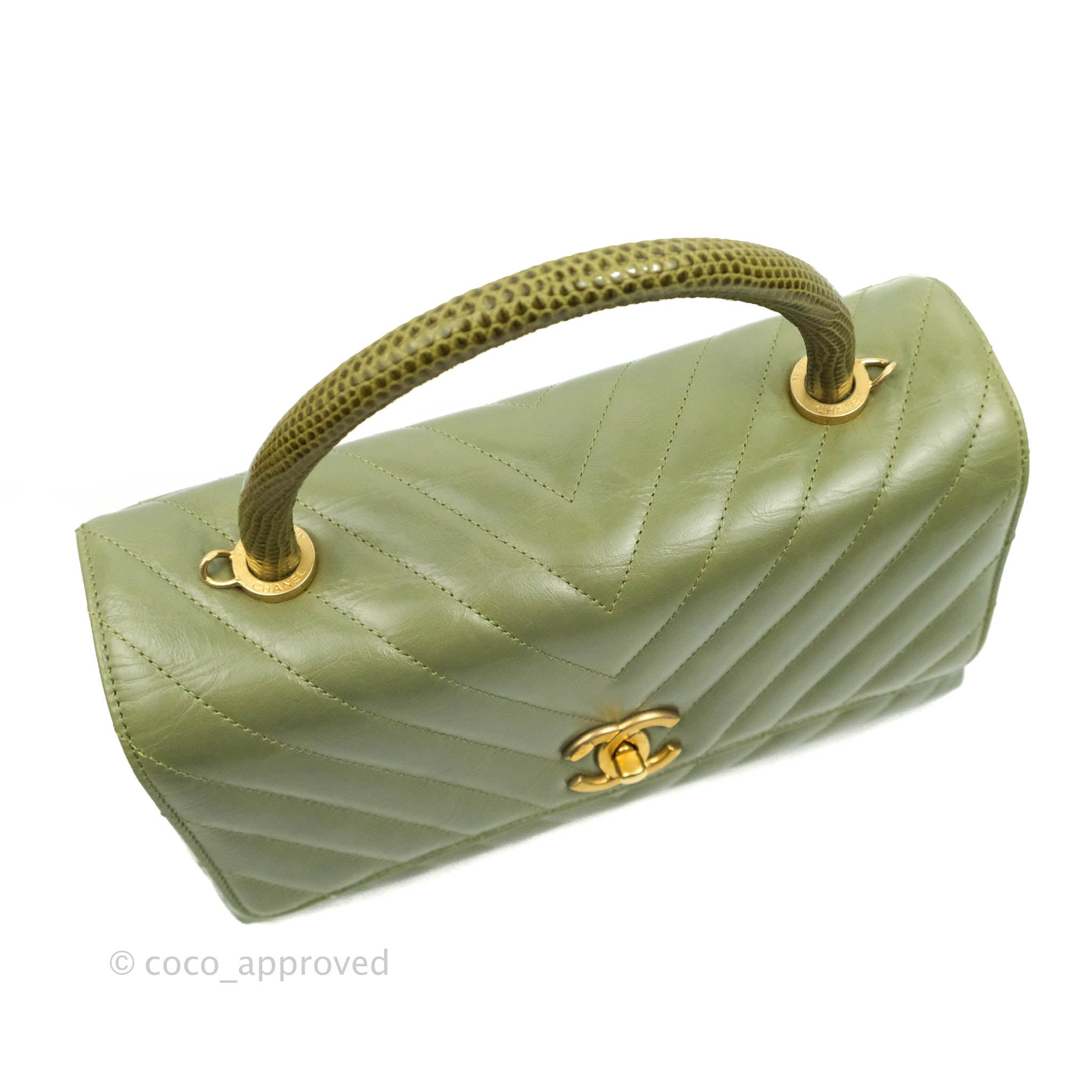 Chanel Medium (Small) Chevron Coco Handle Flap Olive Crumpled Calfskin –  Coco Approved Studio