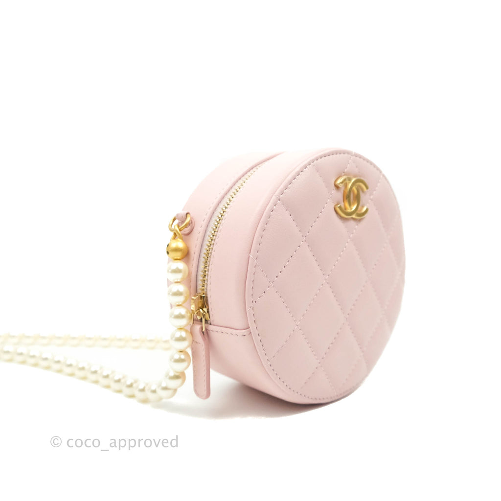 Chanel Quilted Round Clutch with Pearl Chain Light Pink Lambskin Aged Gold Hardware 21S