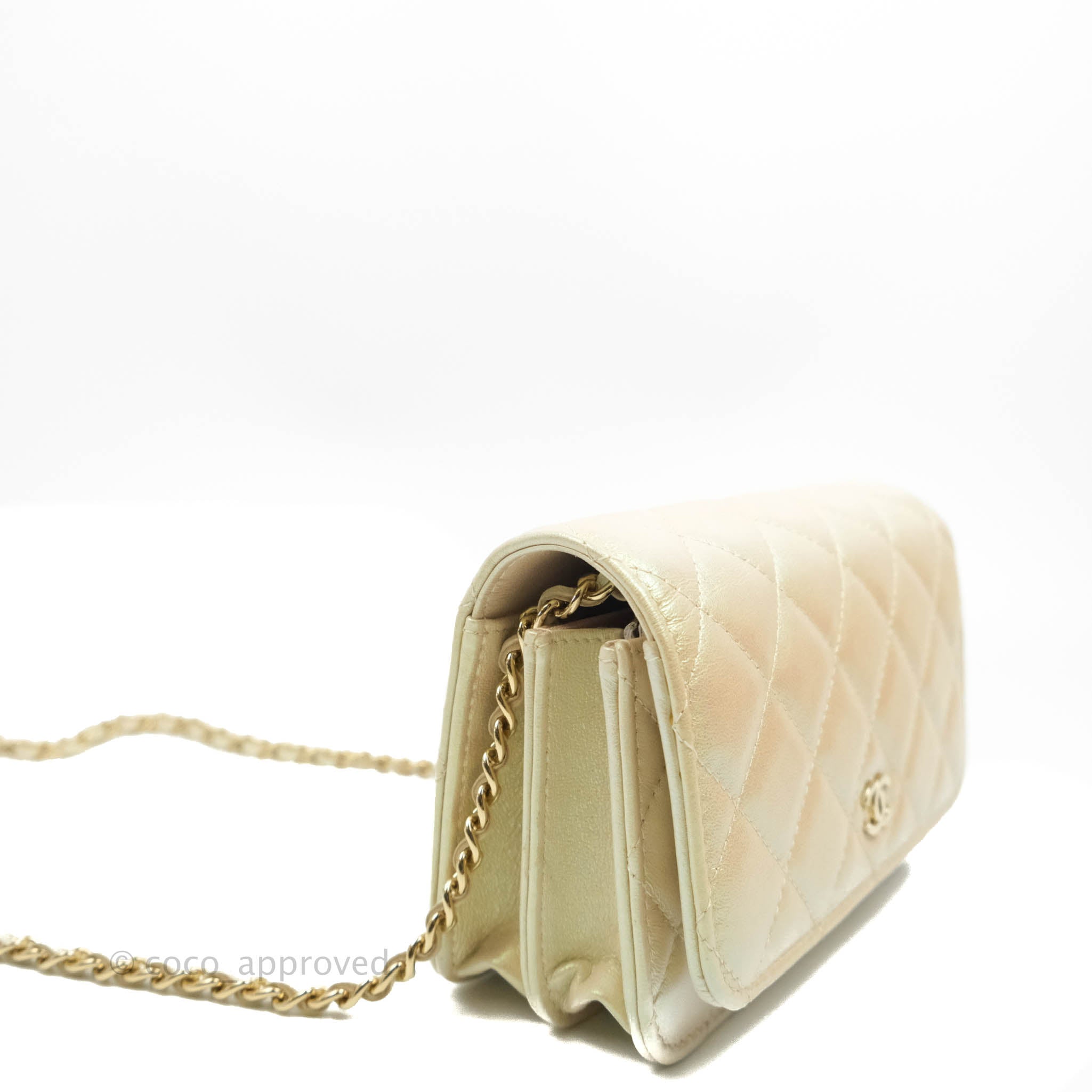 CHANEL Iridescent Lambskin Quilted Mini Wallet On Chain WOC Ivory 1301814