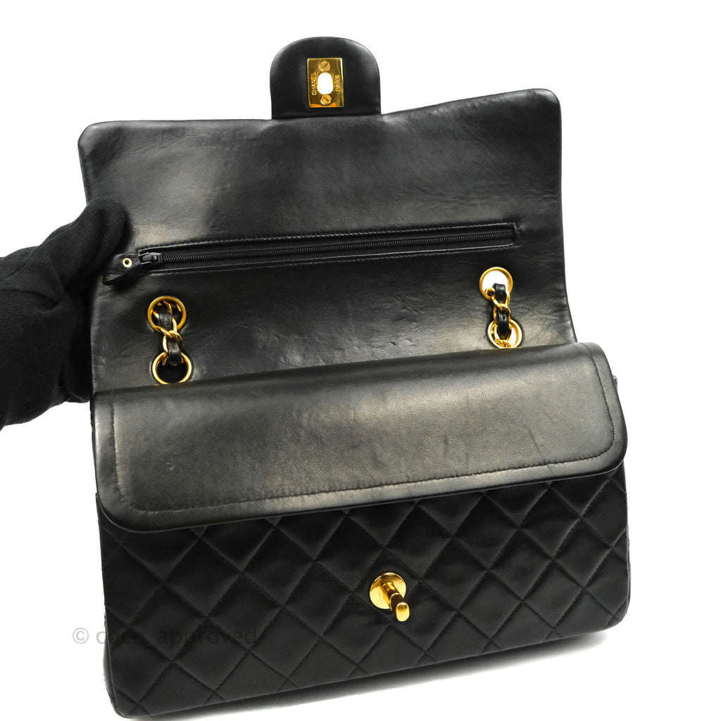 Chanel Vintage Classic M/L Medium Double Flap Black Lambskin 24K Gold Hardware