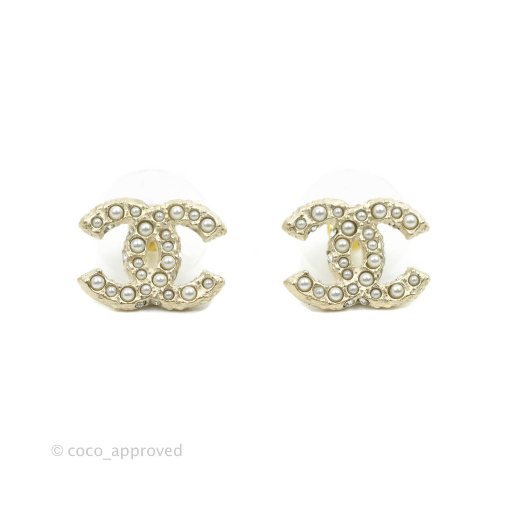Chanel CC Pearl Earrings Gold Tone 21V