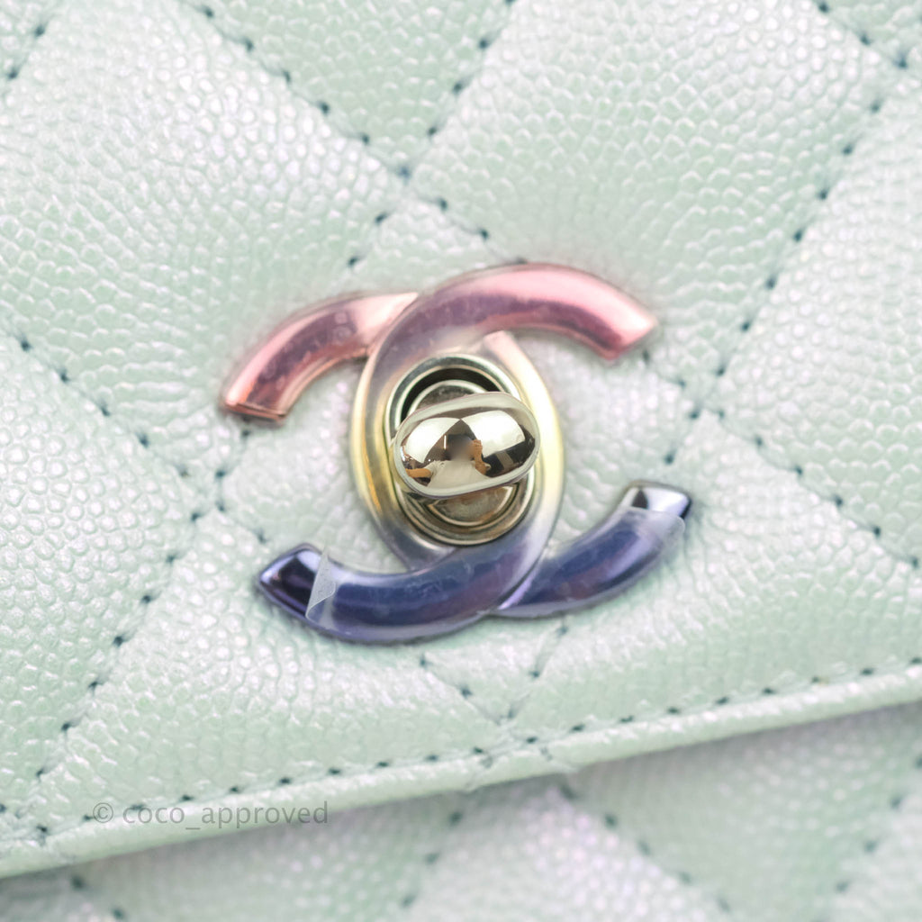 Chanel Mini (Small) Quilted Coco Handle Iridescent Light Blue Caviar Rainbow Hardware