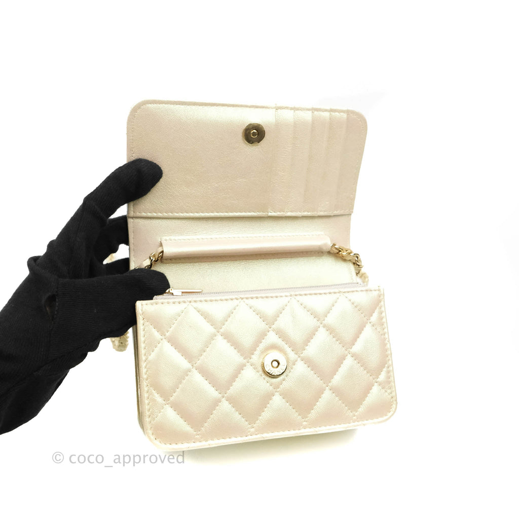 Chanel Quilted Mini Wallet on Chain WOC Iridescent Ivory Gold Hardware 20A