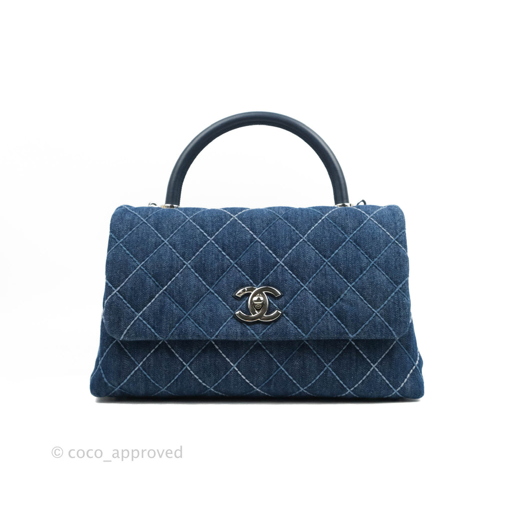 Chanel Medium (Small) Quilted Coco Handle Flap Navy Denim Silver Hardware