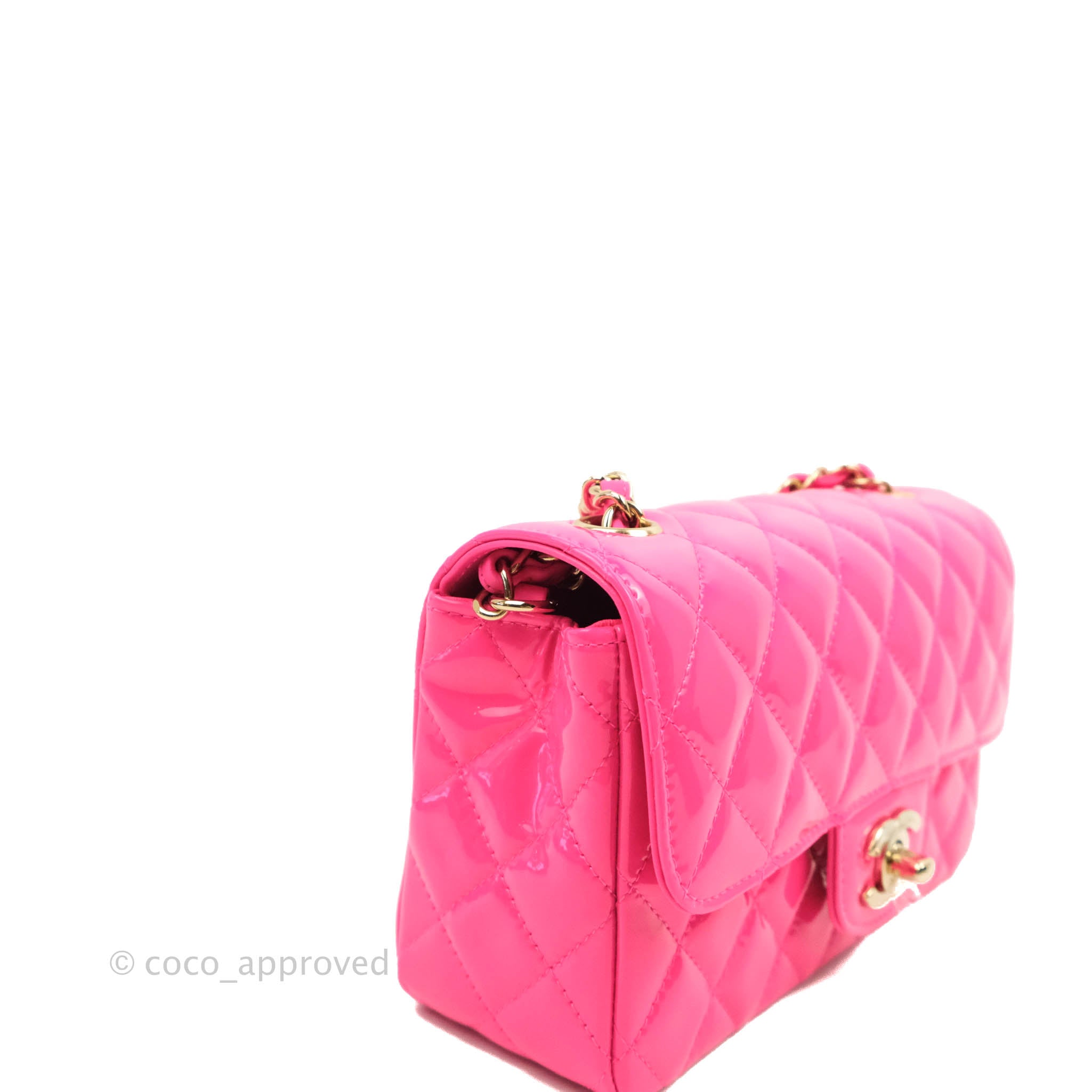 Chanel Mini Rectangular Quilted Neon Pink Patent Gold Hardware