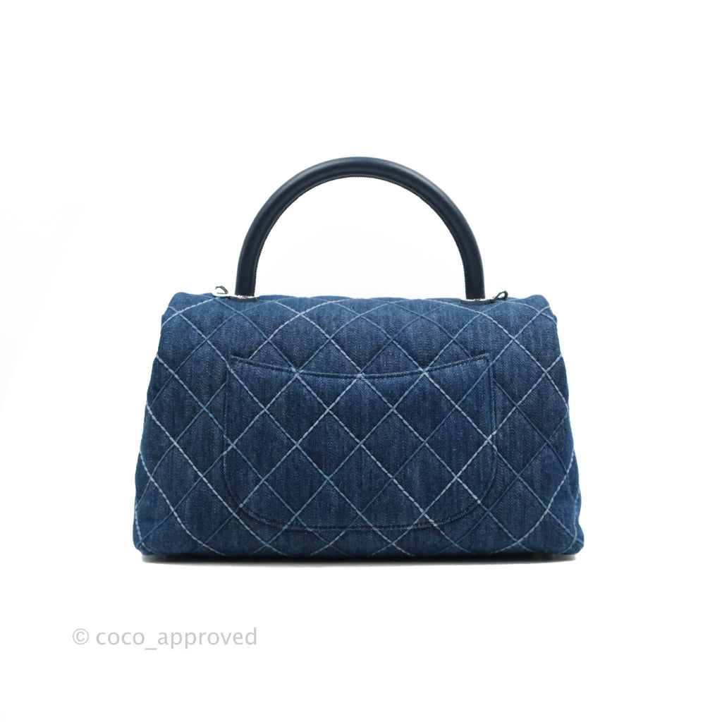 Chanel Medium (Small) Quilted Coco Handle Flap Navy Denim Silver Hardware