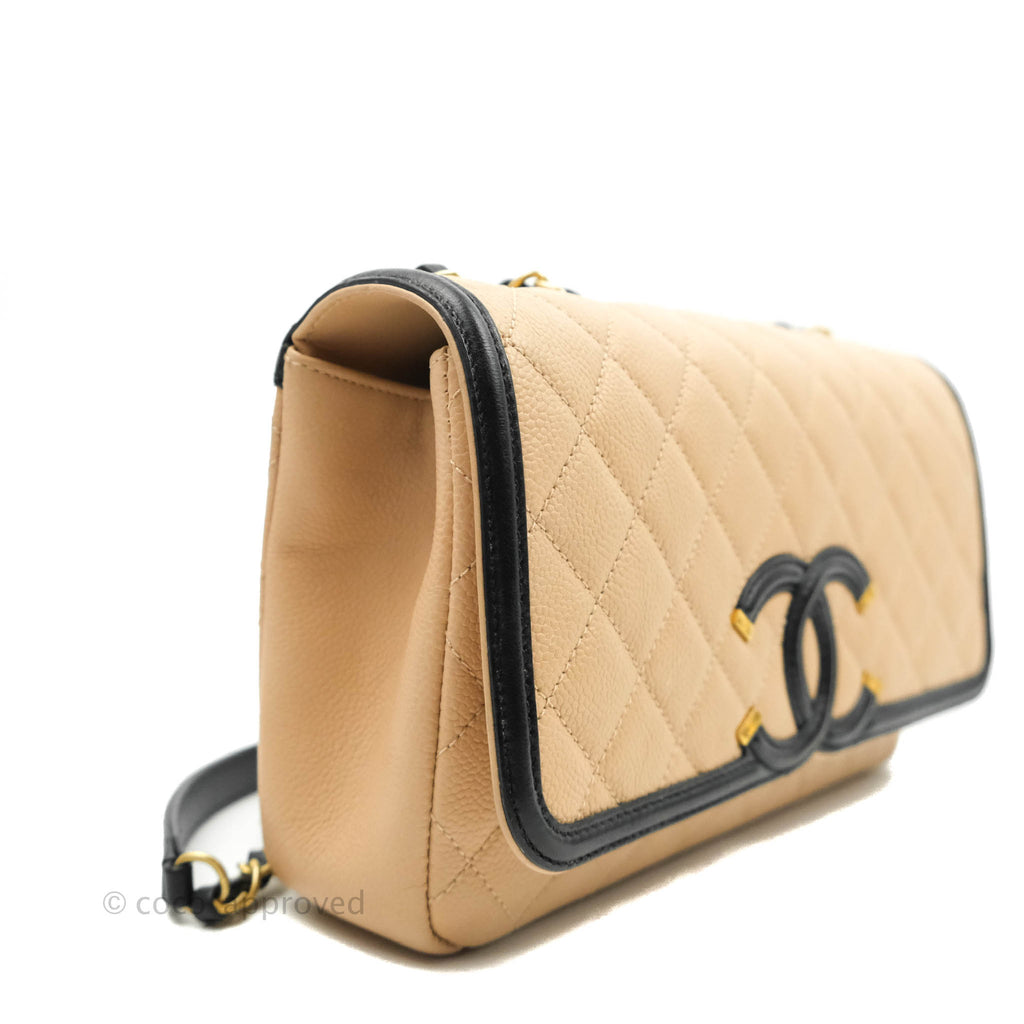 Chanel Quilted Medium CC Filigree Flap Beige Black Caviar